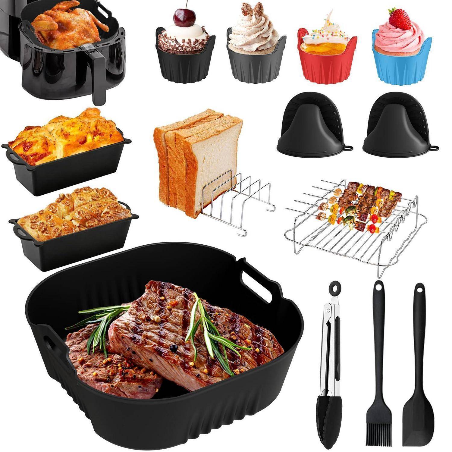 Collage aus schwarzen Silikon-Backwerkzeugen und Heißluftfritteusen-Zubehör für die Küche: Brat­pfanne mit Hähnchen, Kastenformen, Muffinbecher, Kastenformrost, Spieße, Topflappen und Zangen/Spatel.