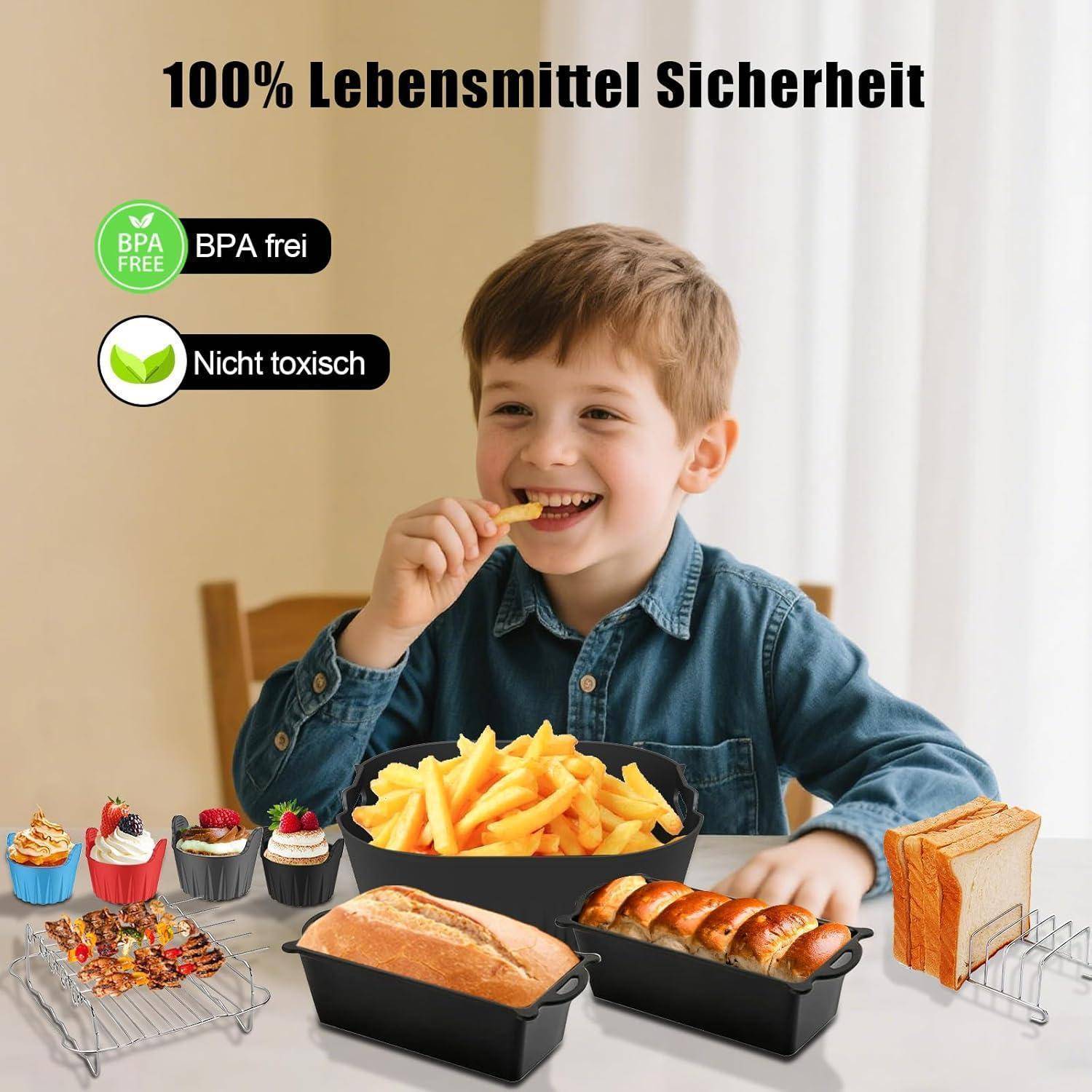 Kind isst eine Pommes neben einem Tablett mit Backwaren und Pommes, mit deutschem Text „100% Lebensmittelsicherheit