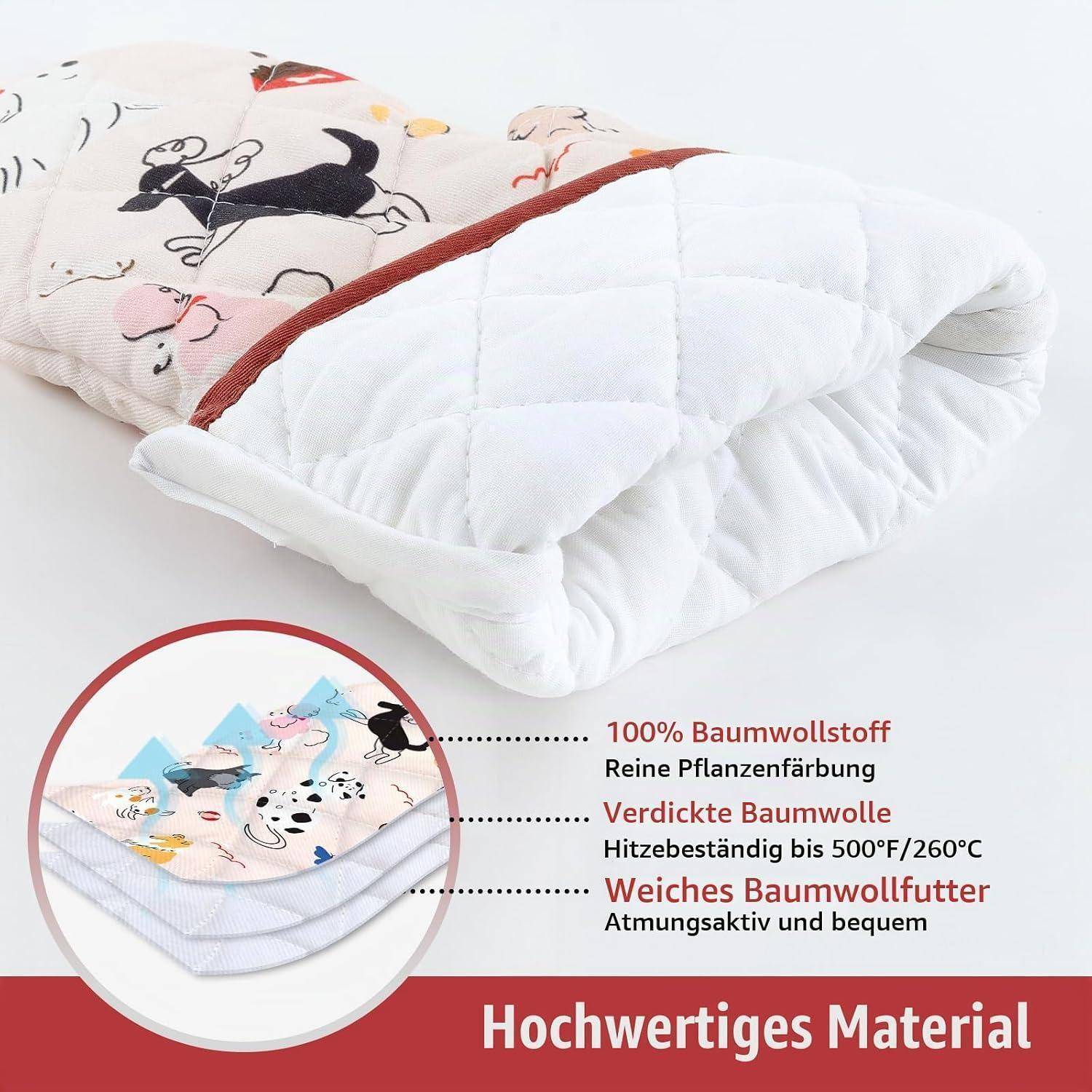 Illustration eines gesteppten Kissens und Baumwollwattierung, beschriftet auf Deutsch: 100% Baumwolle, pflanzengefärbt, strapazierfähige Baumwolle, hitzebeständig bis 500°F/260°C, und atmungsaktive Baumwollwattierung.