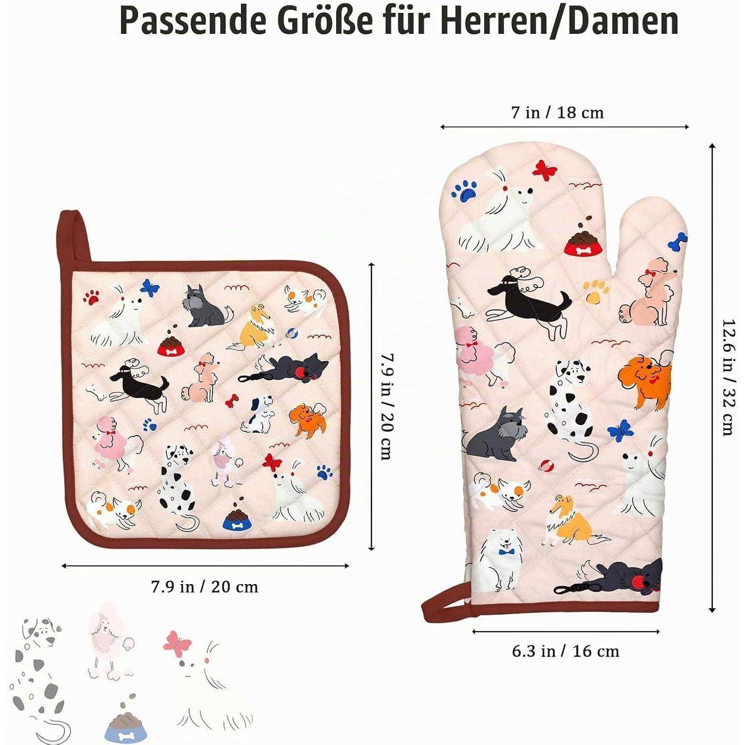Größentabelle für ein Hundemuster-Ofenhandschuh- und Topflappen-Set, beschriftet auf Deutsch mit Abmessungen für jeden Artikel: Handschuh 12,6 x 6,3 Zoll, Topflappen 7,9 x 7,9 Zoll.