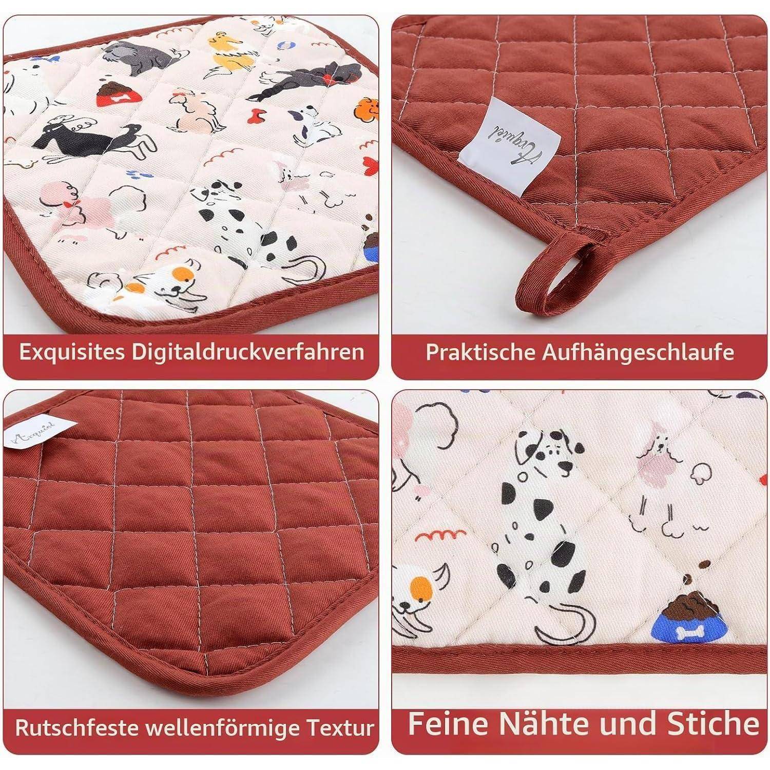 # Vierflächiges Produktbild einer gesteppten Haustier-Matte mit Cartoon-Hundeprint, rotem rutschfestem Rücken, Aufhängeschlaufe und gesäumten Kanten, mit Merkmalen in deutscher Texthervorhebung.