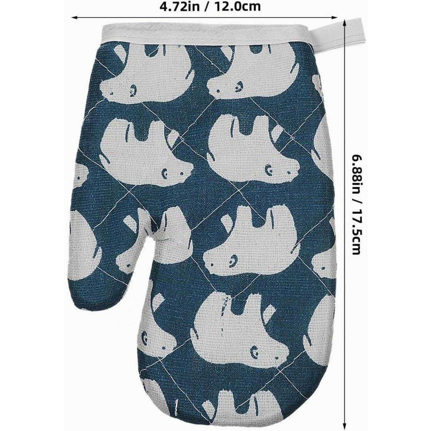 Blauer gesteppter Ofenhandschuh mit weißem Nashorn-Muster, gezeigt mit Abmessungen von 4,72 x 6,88 Zoll.