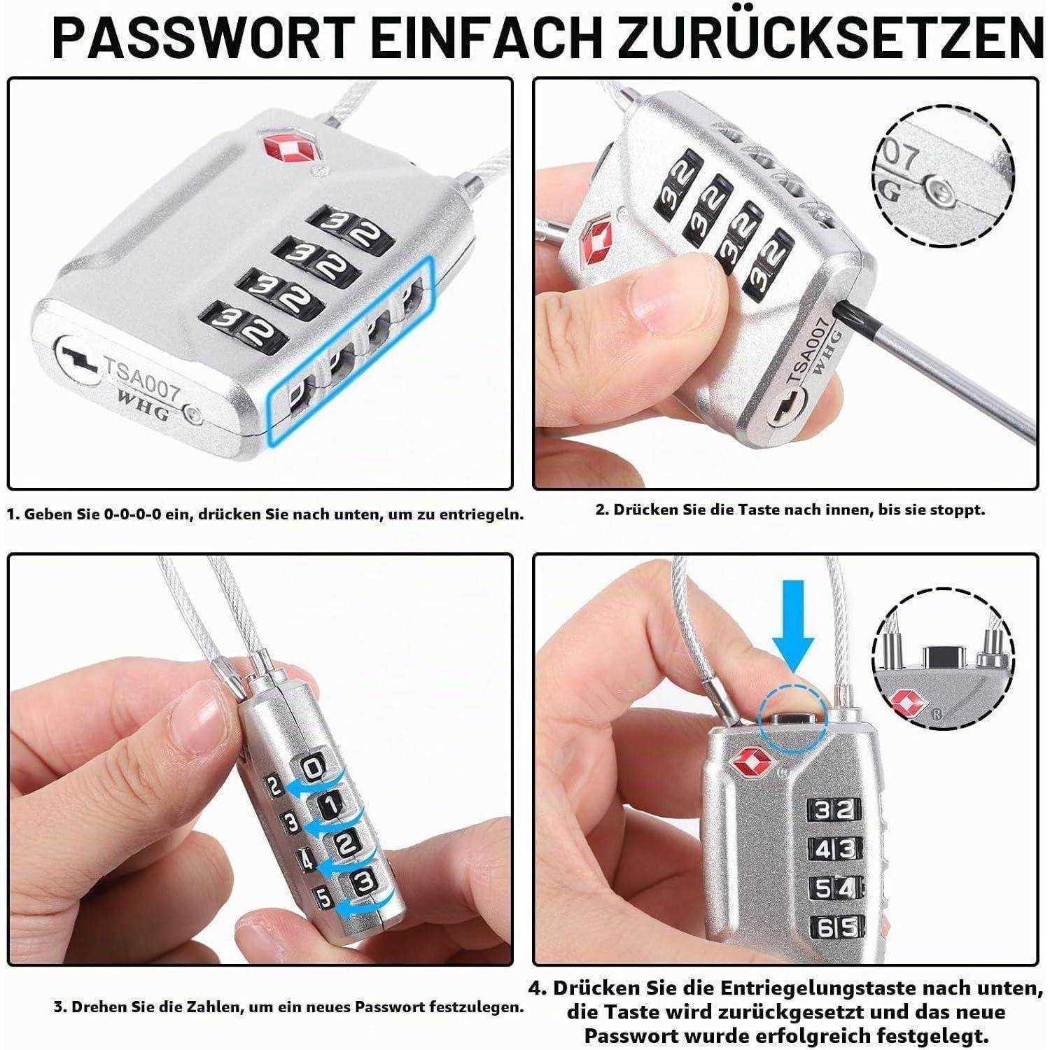 Anleitung zum Zurücksetzen eines TSA-Kombinationsschlosses durch Einstellen von 0-0-0-0, Drücken der Reset-Taste, Auswahl eines neuen Codes und Loslassen der Taste.