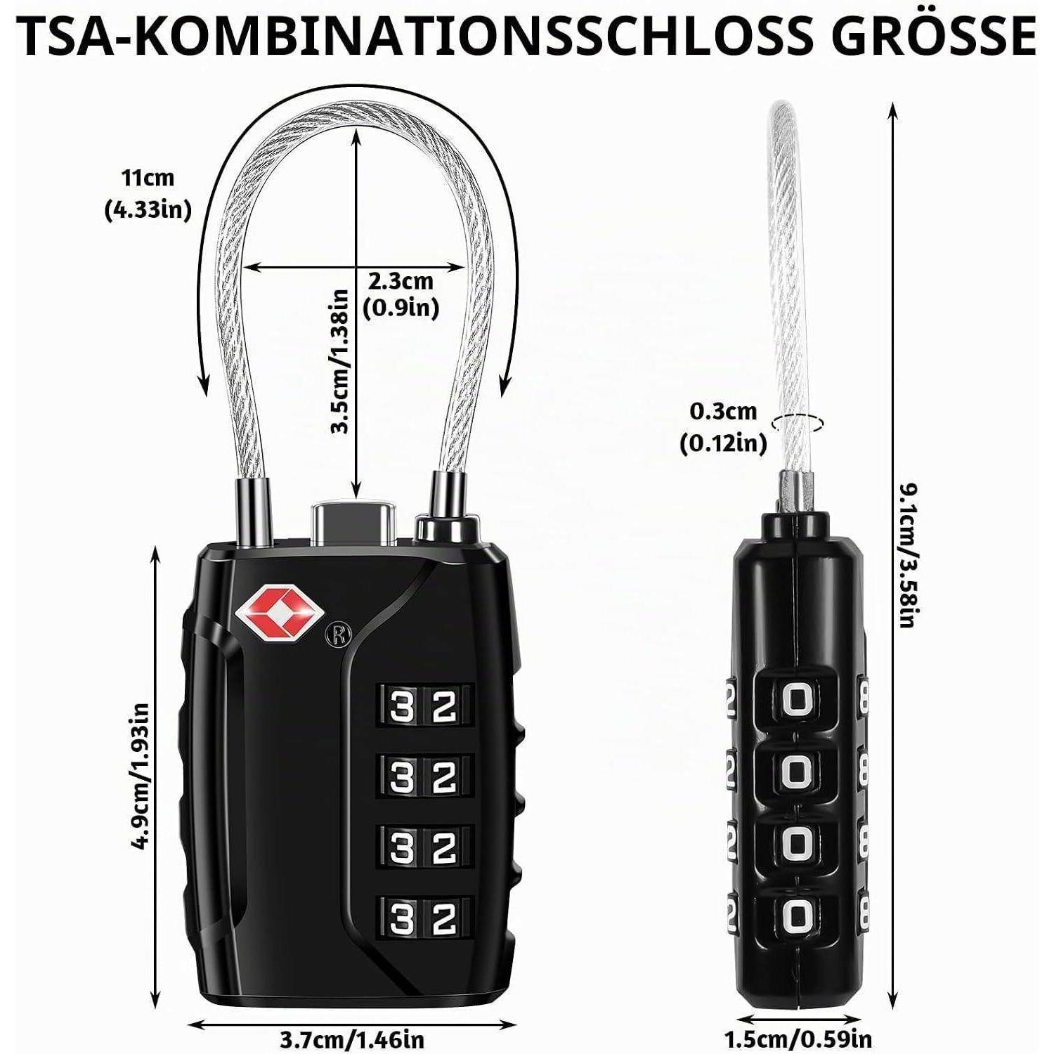 Gepäckschloss-Produktdiagramm mit TSA-Kombinationsvorhängeschloss in Schwarz mit Kabel und vierstelligen Zahlenwählscheiben, beschriftet mit Abmessungen in cm und Zoll.