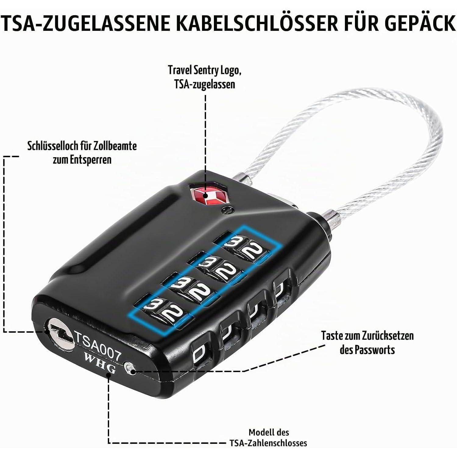 TSA-zugelassenes Kabelschloss für Gepäck mit 4-stelliger Kombination, Zurücksetztaste und Zollfreigabeslitz; gekennzeichnet mit Deutsch und TSA-Logo sowie Modelldetails.