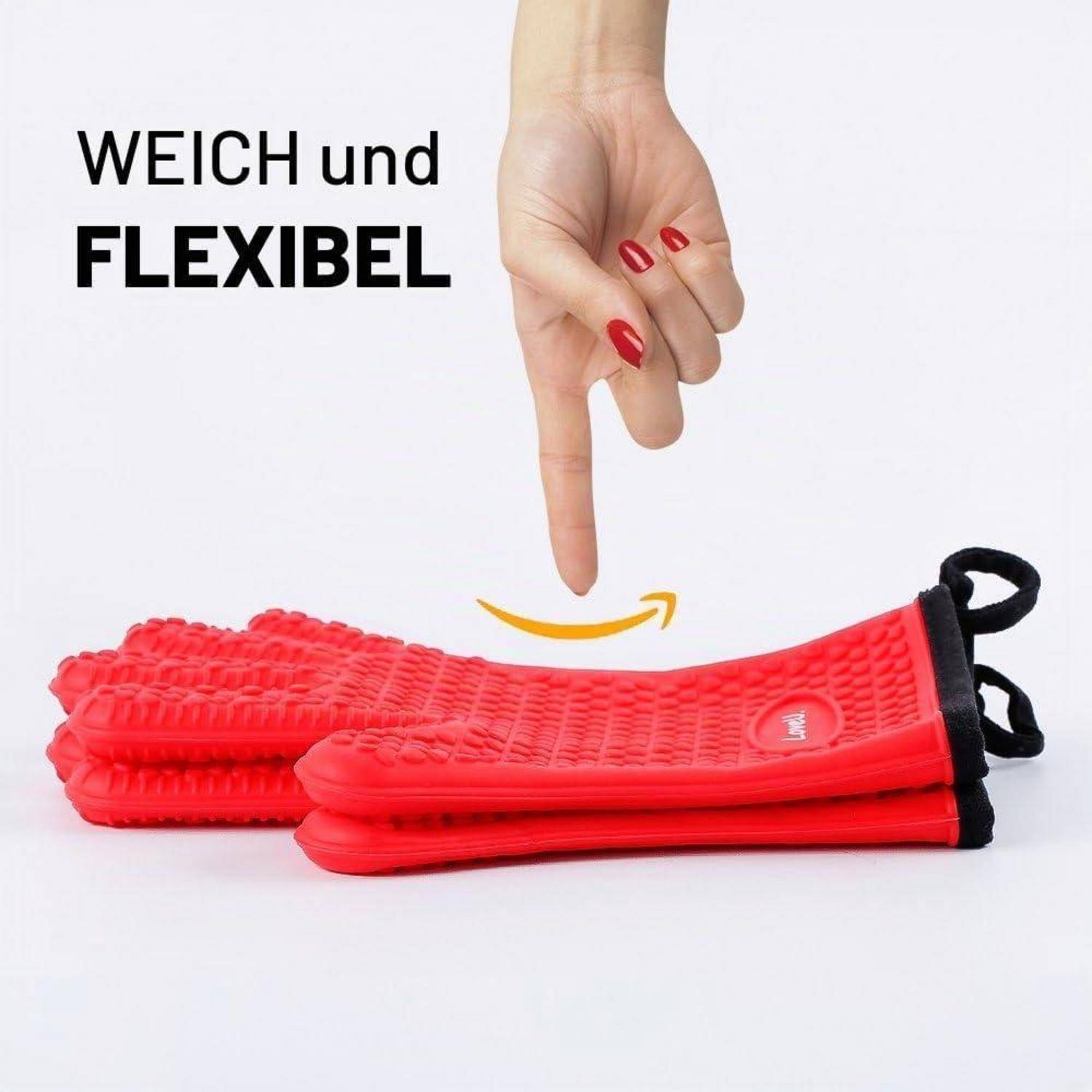Rote flexible Silikonofenhandschuhe mit einer Hand, die darauf drückt; der Text sagt „WEICH und FLEXIBEL
