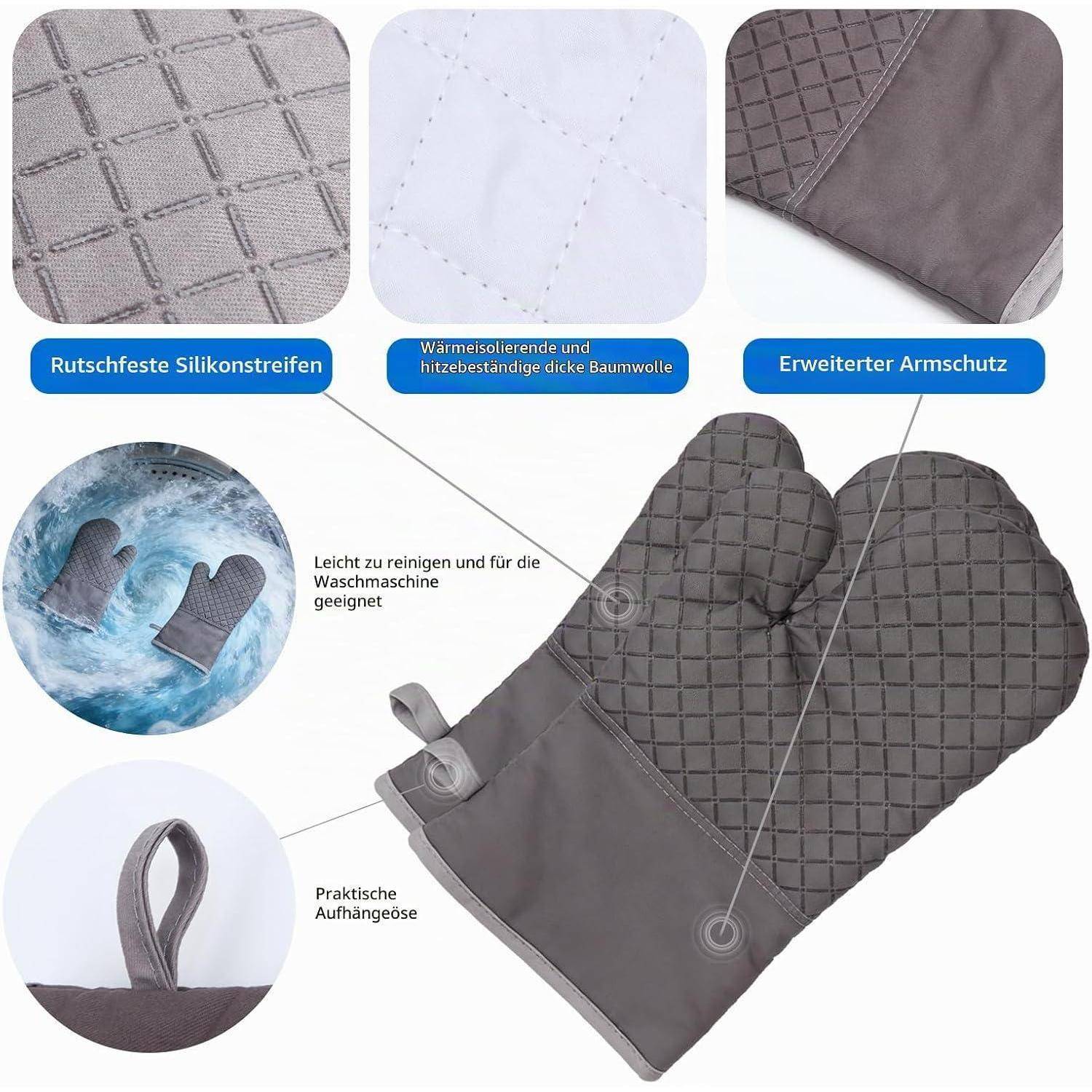 Grauer gesteppter Ofenhandschuh mit Silikongriff, hitzebeständiger Baumwollauskleidung, erweitertem Handgelenkschutz, Aufhängeschlaufe und maschinenwaschbarem Design.
