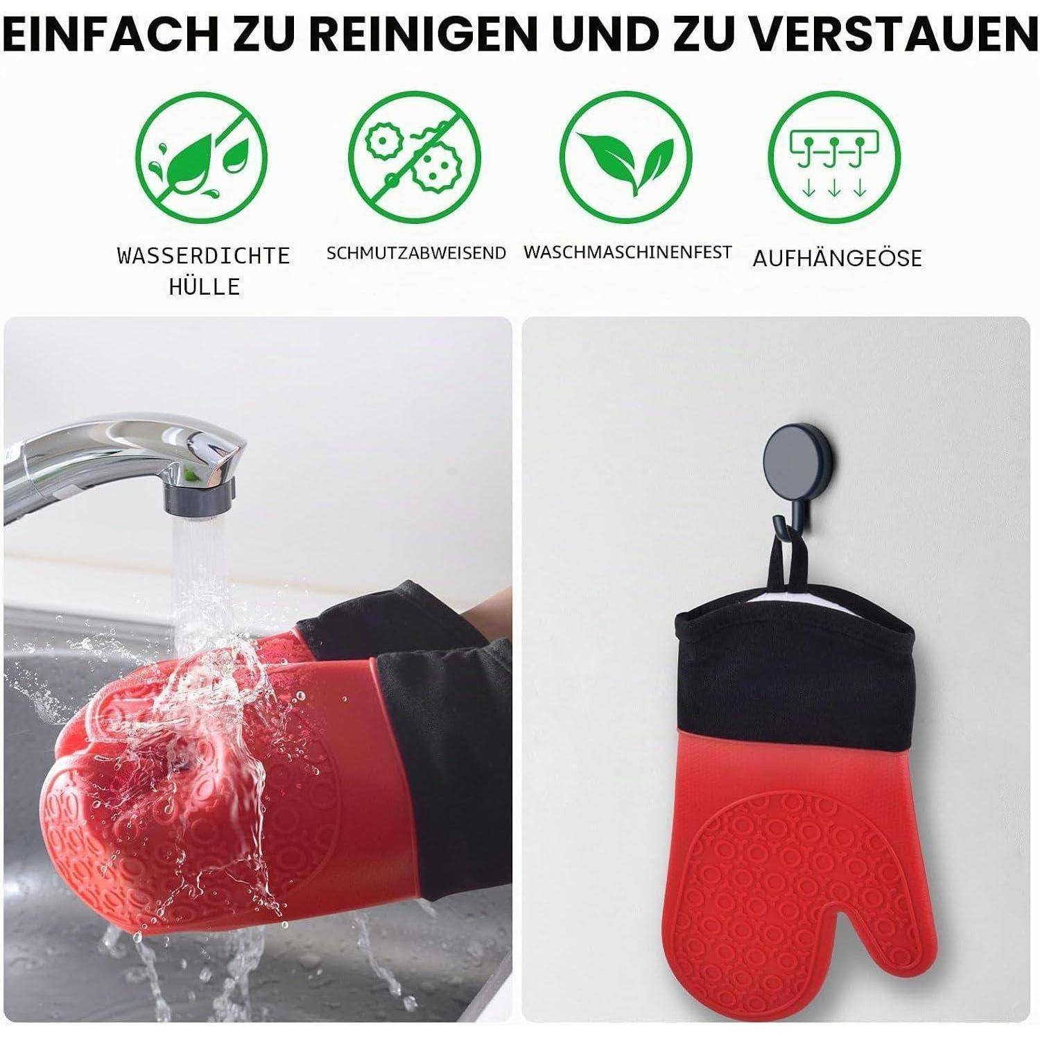 Das Bild zeigt einen wasserdichten, schmutzabweisenden, maschinenwaschbaren hängenden Ofenhandschuh, der unter einem Wasserhahn abgespült und an einem Wandhaken gelagert wird.