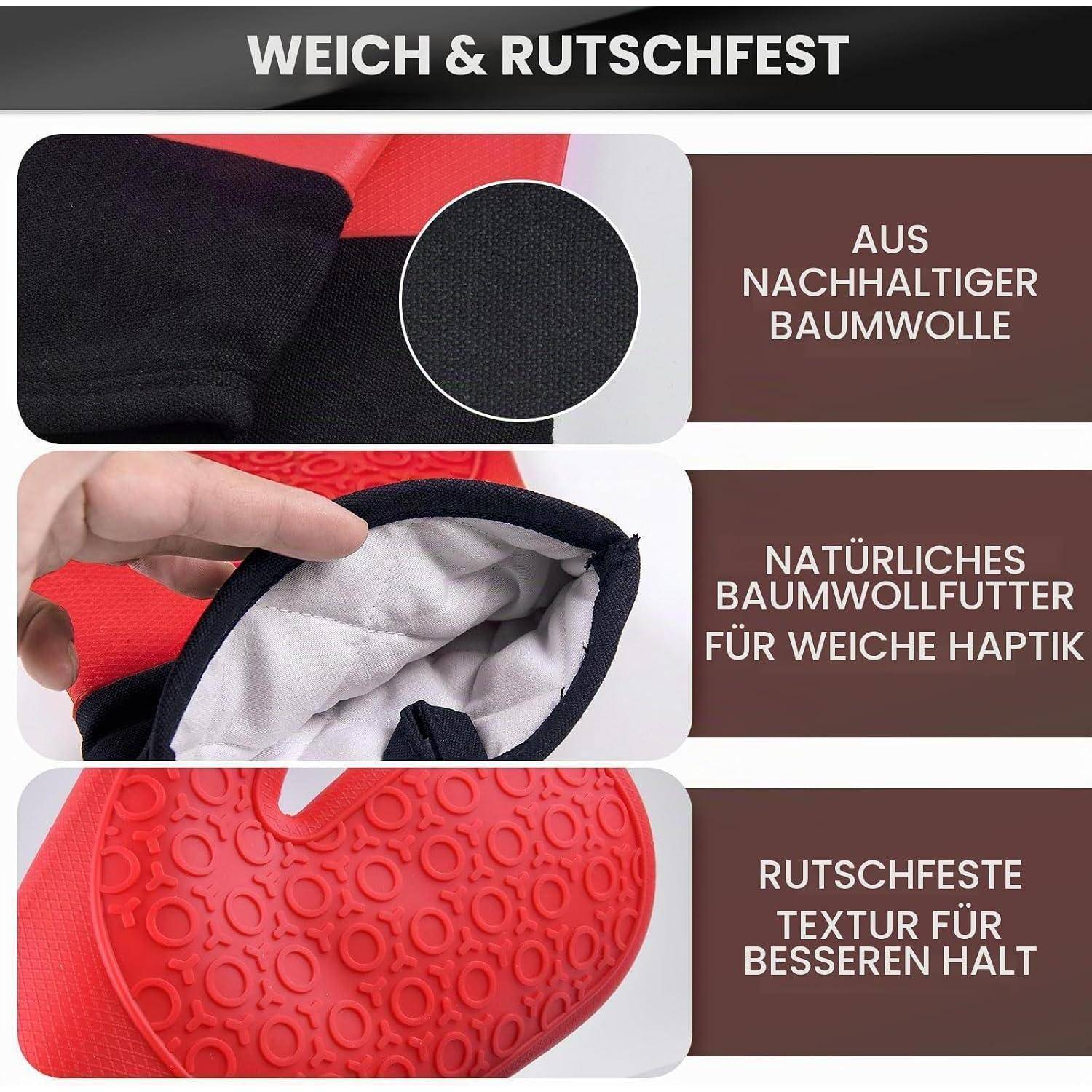 Ofenhandschuhe Silikon 30cm Rot Hitzebeständig Anti-Rutsch Baumwolle