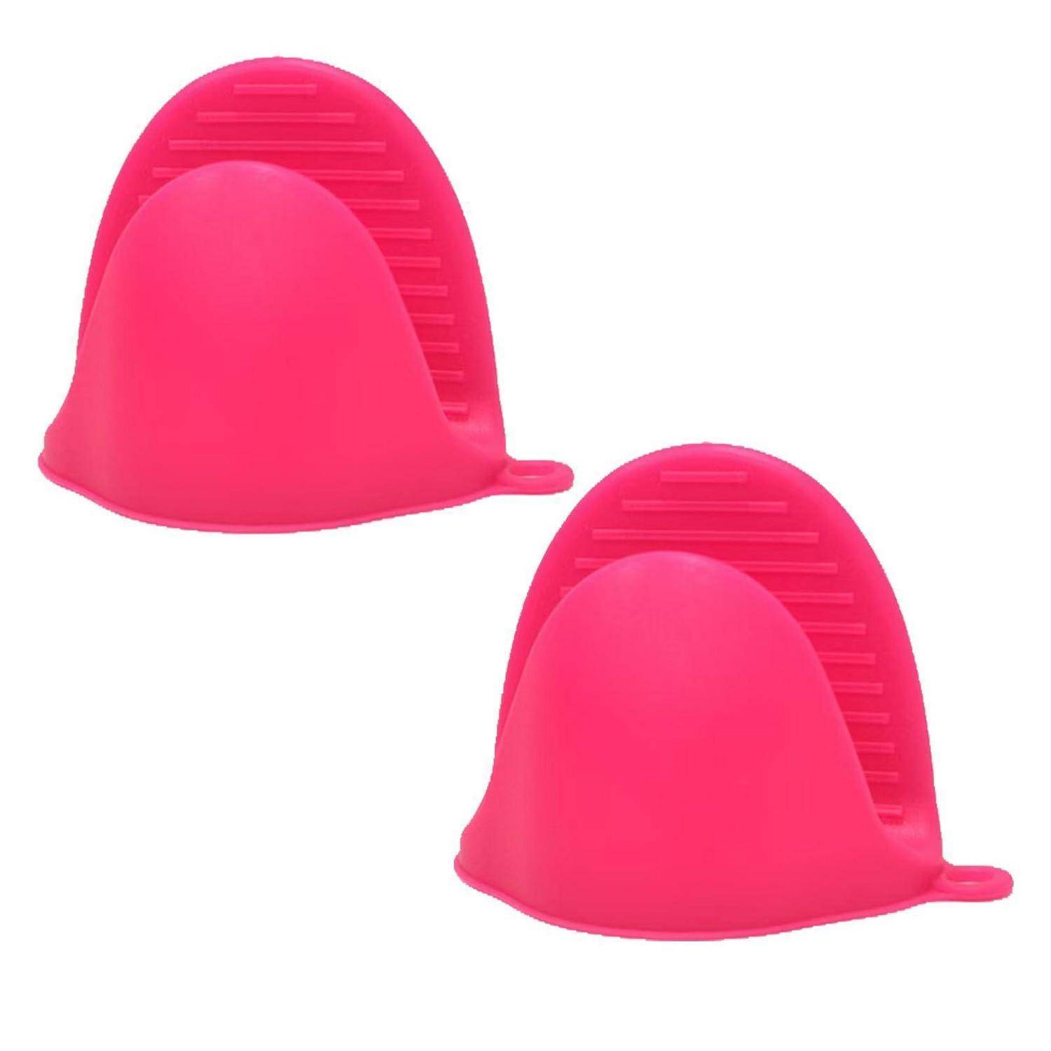 Zwei leuchtend rosa Silikon-Ofenhandschuhe auf weißem Hintergrund, als Paar gezeigt.