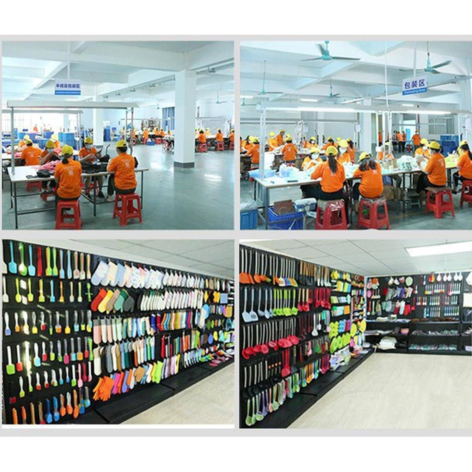 Collage einer Fabrik: Arbeiter in orangenen Uniformen montieren Produkte an Tischen, und Reihen von bunten Küchenutensilien sind auf Wandregalen ausgestellt.