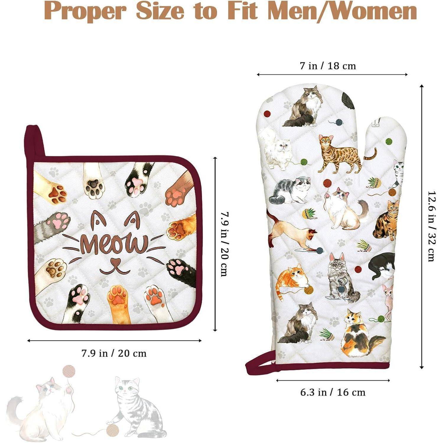 Größenleitfaden für katzenthematische Ofenhandschuhe: quadratischer Handschuh 7,9 x 7,9 Zoll, langer Handschuh 12,6 x 7 Zoll, mit „Meow
