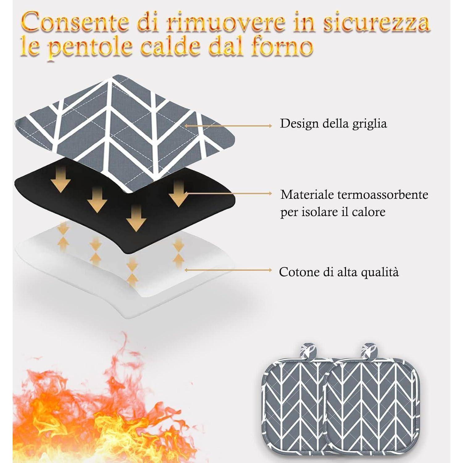 Abbildung eines Ofenhandschuhs/Topfhalters mit drei Schichten; italienische Beschriftungen heben das Gitterdesign, das wärmeisolierende Material und hochwertige Baumwolle hervor.