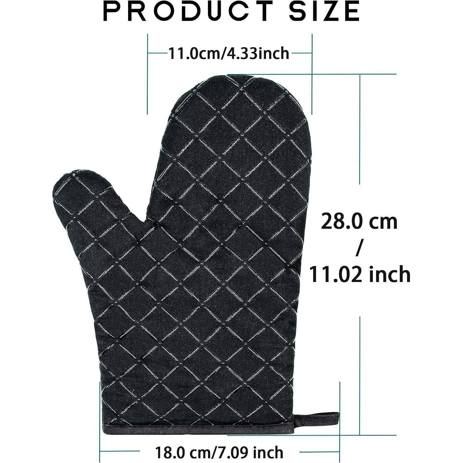 Größendiagramm eines gesteppten Ofenhandschuhs: 28,0 cm Höhe, 18,0 cm Breite, mit 11,0 cm Daumenbreite.