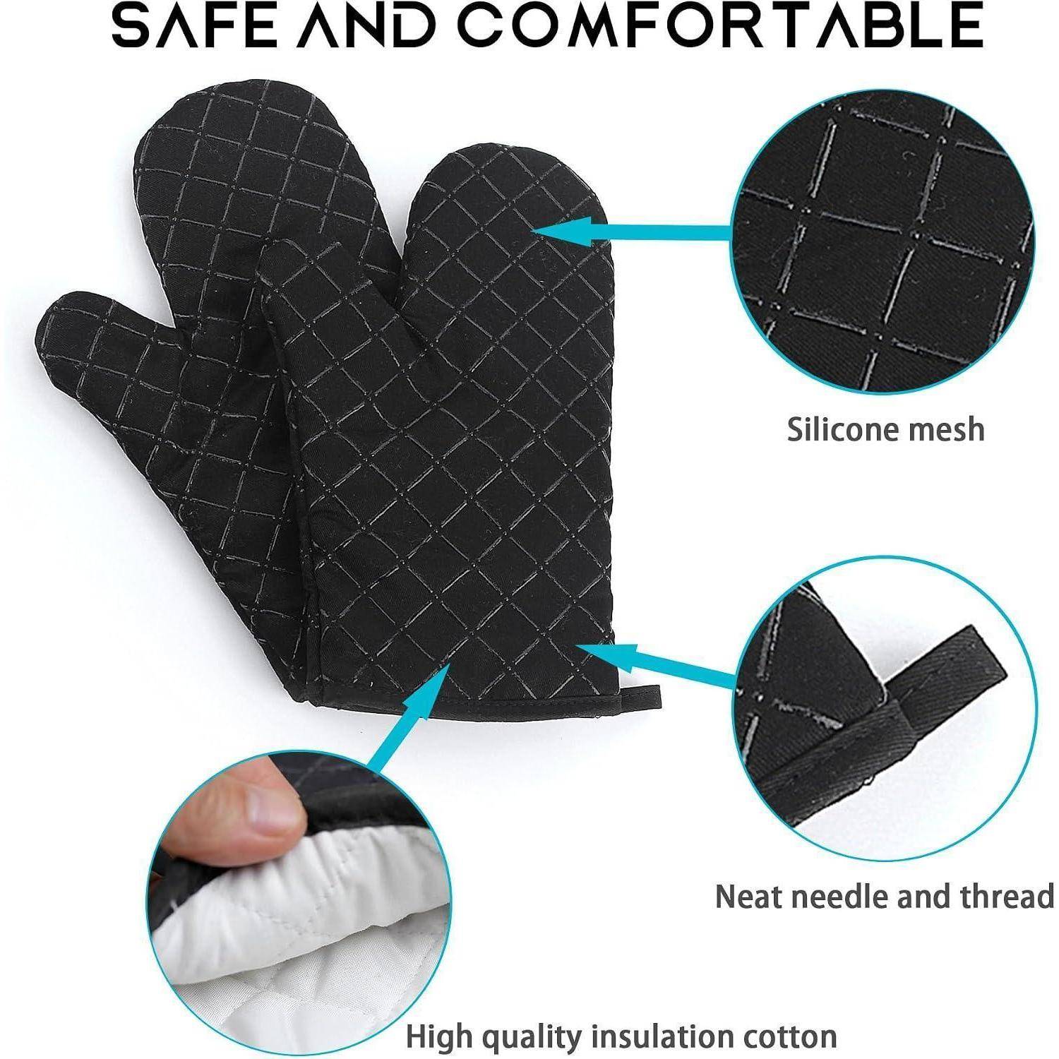 Schwarze isolierte Ofenhandschuhe mit der Bezeichnung „SICHER UND BEQUEM