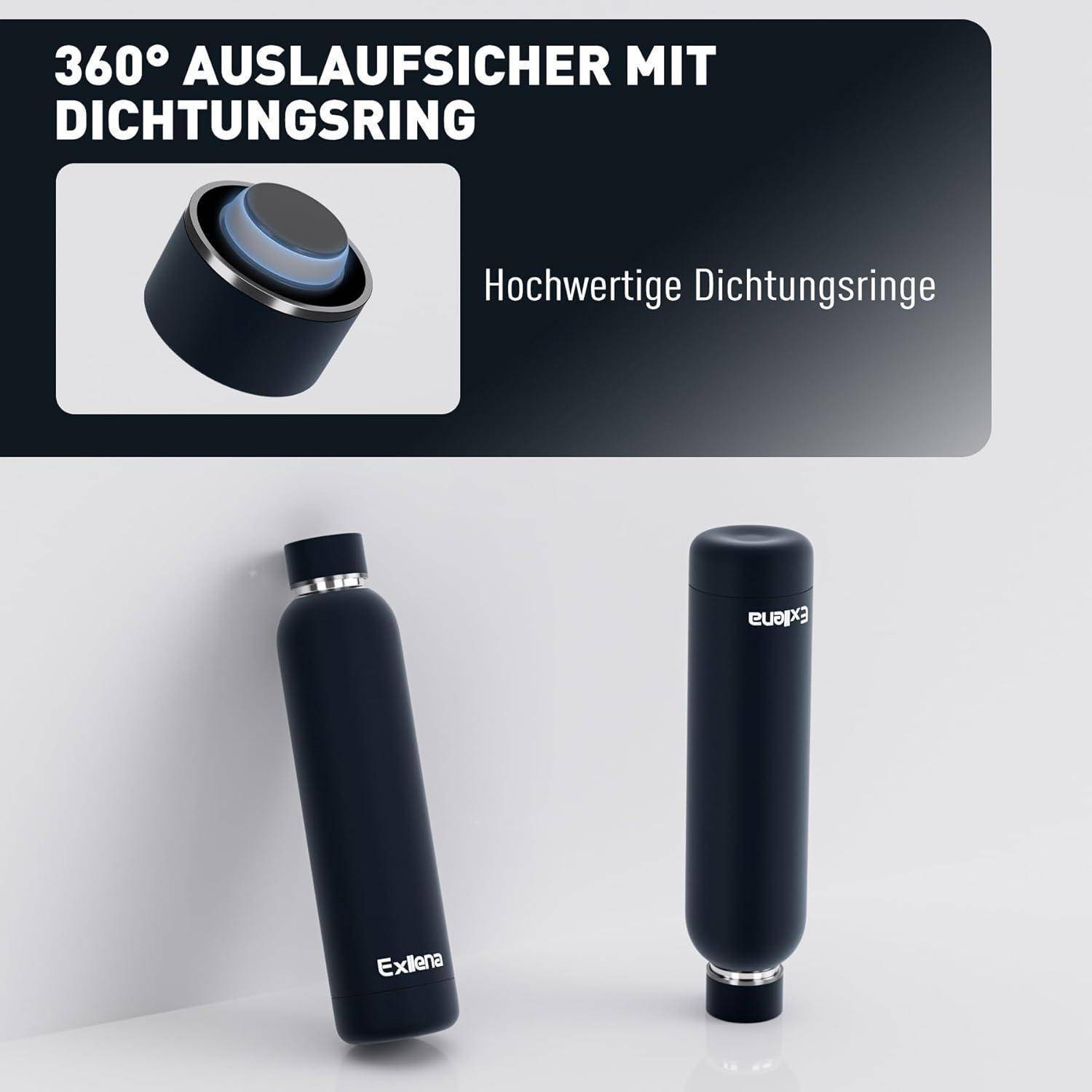 Werbebild einer schwarzen 360°-Spülverschlussflasche mit Dichtungsring, zeigt zwei aufrechte Flaschen und den deutschen Text '360° AUSLAUFSICHER MIT DICHTUNGSRING' und 'Hochwertige Dichtungsringe'.