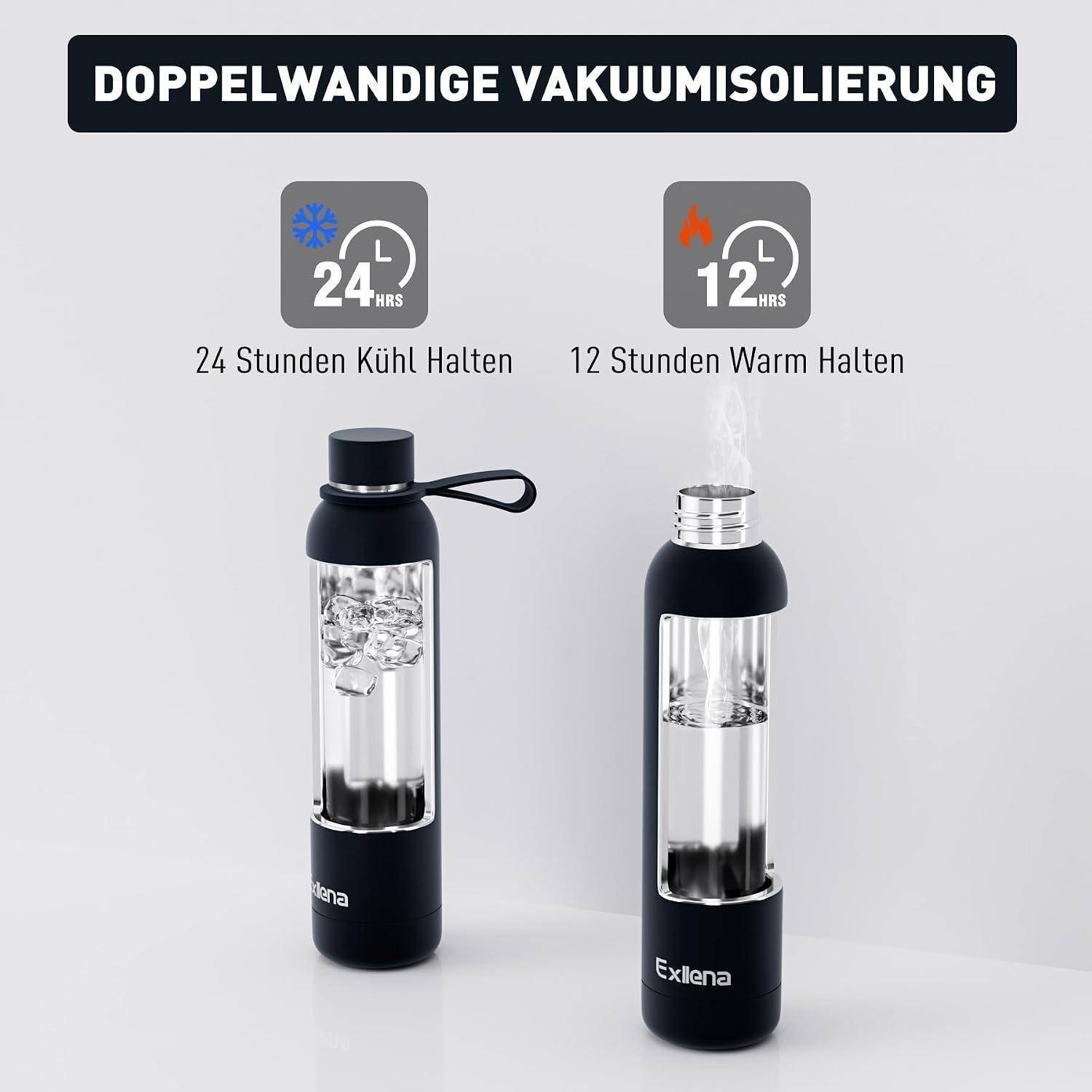 Anzeige für eine doppelwandige, vakuumisolierte Flasche, die Getränke 24 Stunden lang kalt und 12 Stunden lang heiß hält.