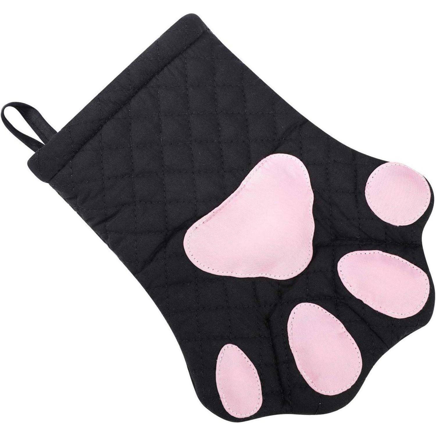 Schwarze gesteppte Ofenhandschuh mit rosa Pfotendruck-Polsterung und Aufhängeschleife