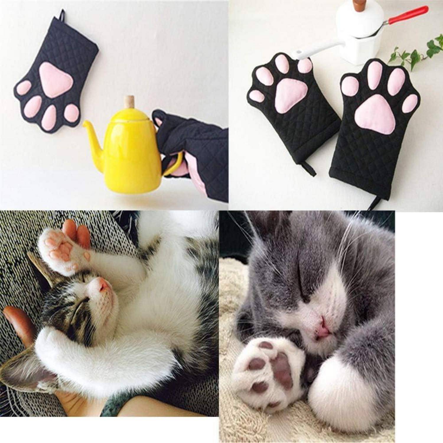 Vier-teilige Collage zeigt katzenpfoten-förmige Ofenhandschuhe und zwei schlafende Katzen mit ähnlichen weißen und rosa Pfoten, die das Handschuh-Design hervorheben.