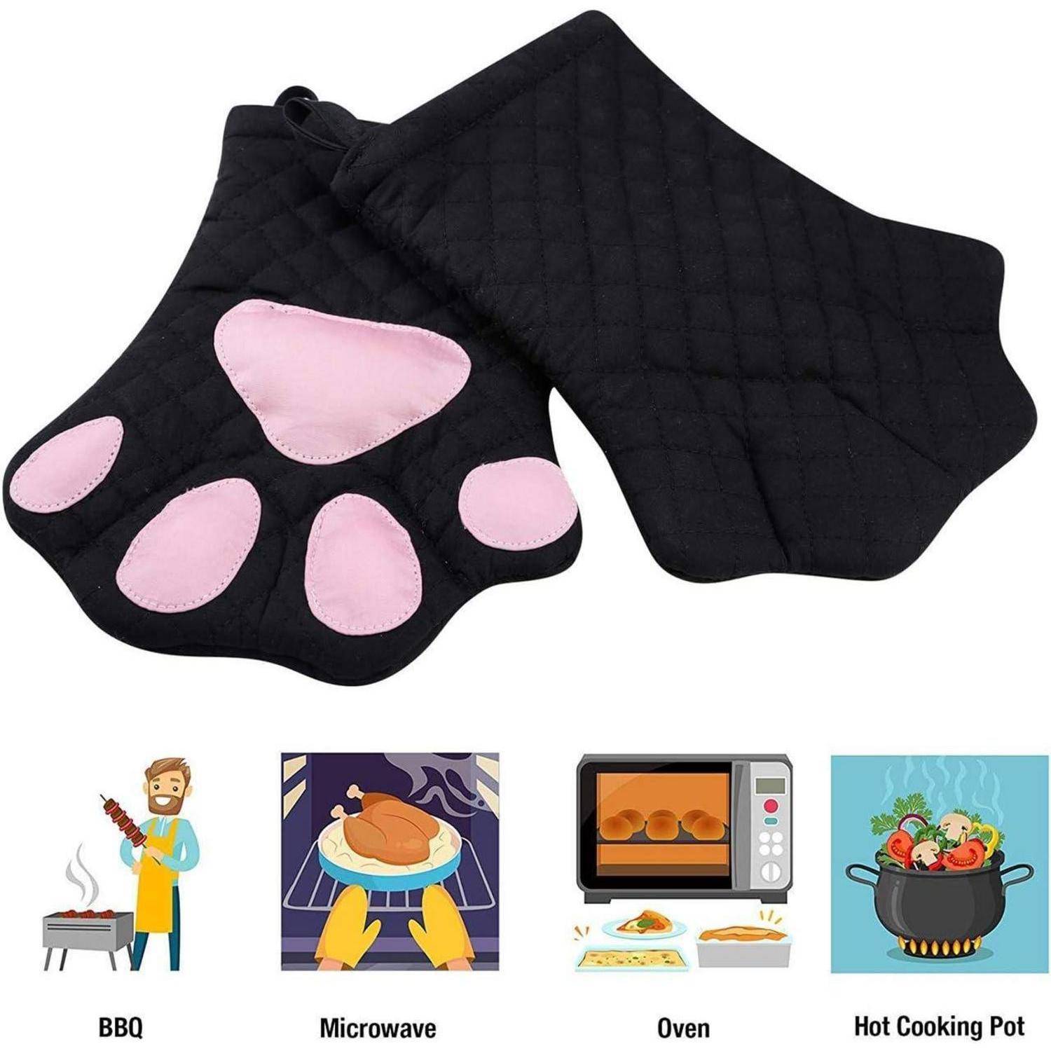 Schwarzer gesteppter Ofenhandschuh-Set mit rosa Pfotendruck-Pads, gezeigt mit Symbolen für Grillgebrauch, Mikrowelle, Backofen und heißen Kochtopf-Gebrauch.