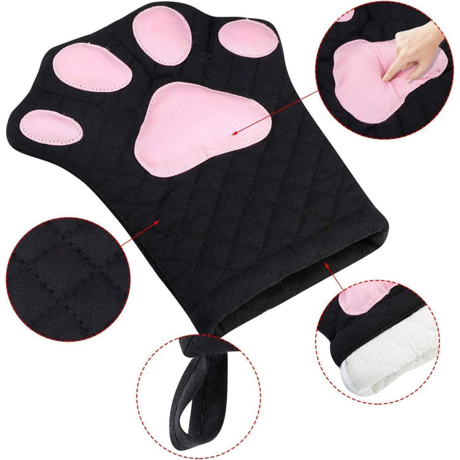 Schwarzer gesteppter Ofenhandschuh mit rosa Pfotenballen und Daumengriff, gezeigt mit Nahaufnahme-Ausschnitten, die Nähte, Aufhängeschlaufe und Innenfutter hervorheben.
