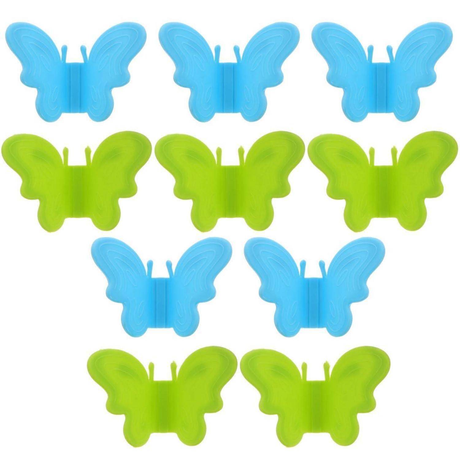 Ein Satz aus neun schmetterlingsförmigen Clips in Blau und Limonengrün, in Reihen auf weißem Hintergrund angeordnet.