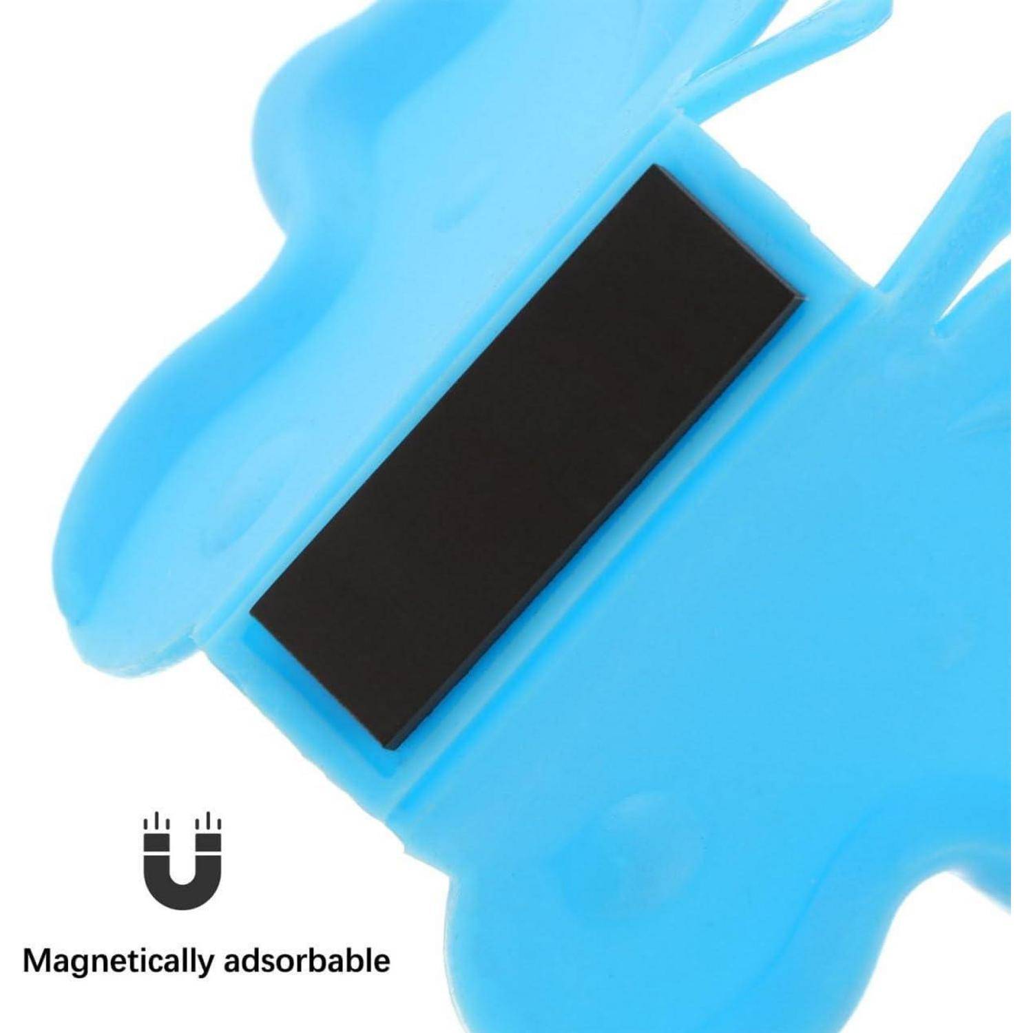 Nahaufnahme eines blauen Kunststoffgegenstands mit einem schwarzen Magnetstreifen, beschriftet mit „Magnetisch adsorbierbar.