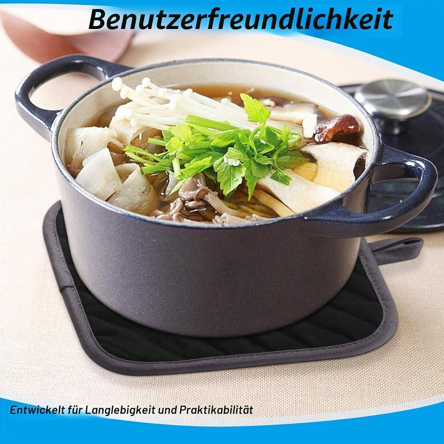 Foto eines schwarzgriffigen Suppentopfes mit Pilzen, Tofu und Grünkohl auf einem Untersetzer; deutscher Text besagt „Benutzerfreundlichkeit" und „Entwickelt für Langlebigkeit und Praktikabilität"".