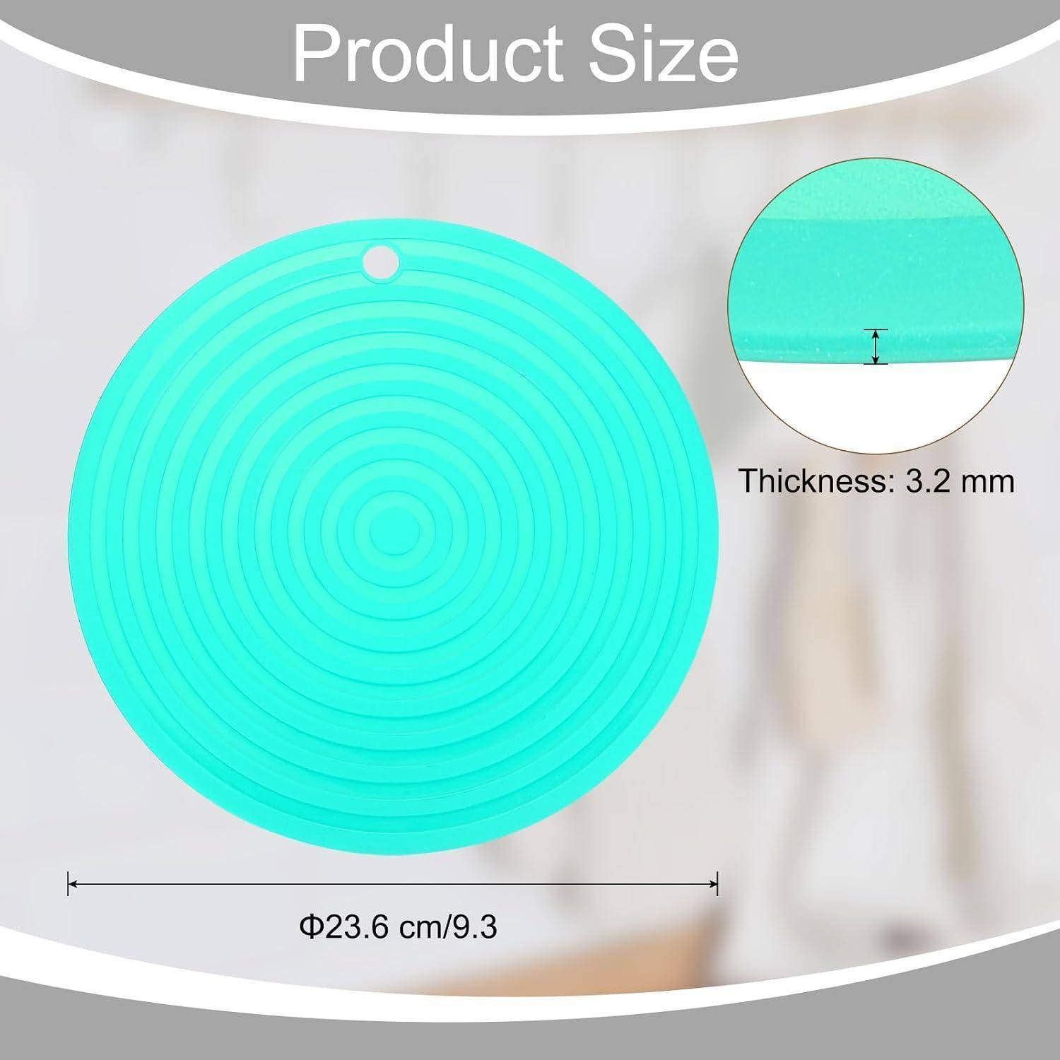 Produktgrößendiagramm zeigt eine runde türkisfarbene Matte mit Loch, Durchmesser 23,6 cm (9,3 Zoll) und Dicke 3,2 mm.