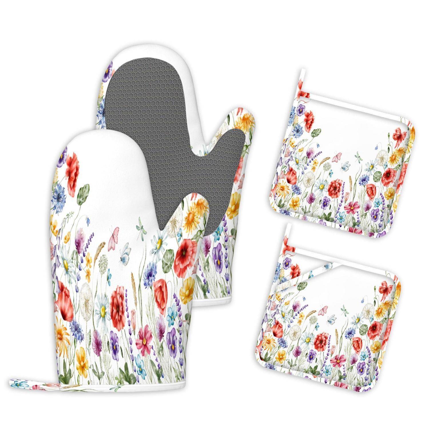 Ofenhandschuh-Set mit Blumenmuster und passenden Topflappen mit weißem Hintergrund und buntem Wildblumenmotiv.