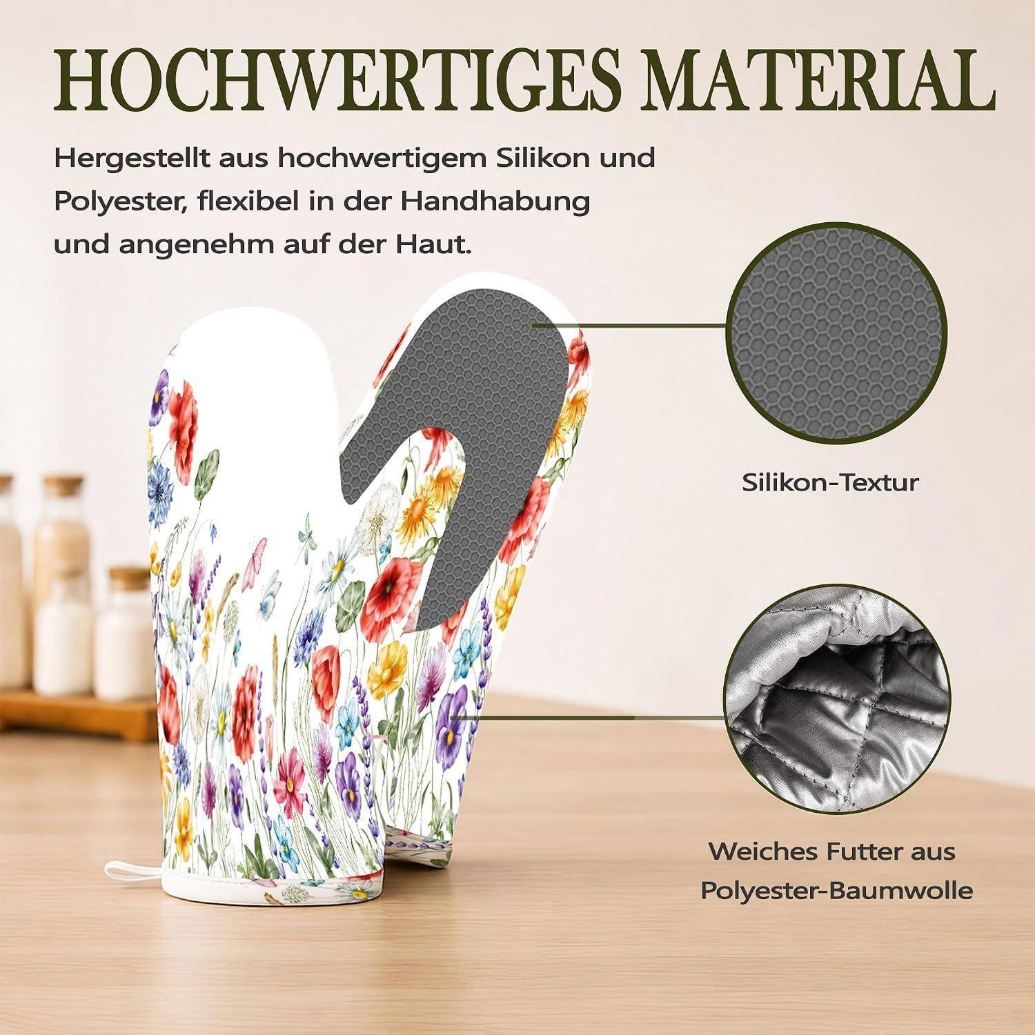 Blumiges Ofenhandschuh aus Silikon und Polyester, gezeigt mit Nahaufnahmen der Silikon-Textur und weicher Polyester-Baumwoll-Fütterung; deutscher Text hebt hochwertige Materialien und Flexibilität hervor.