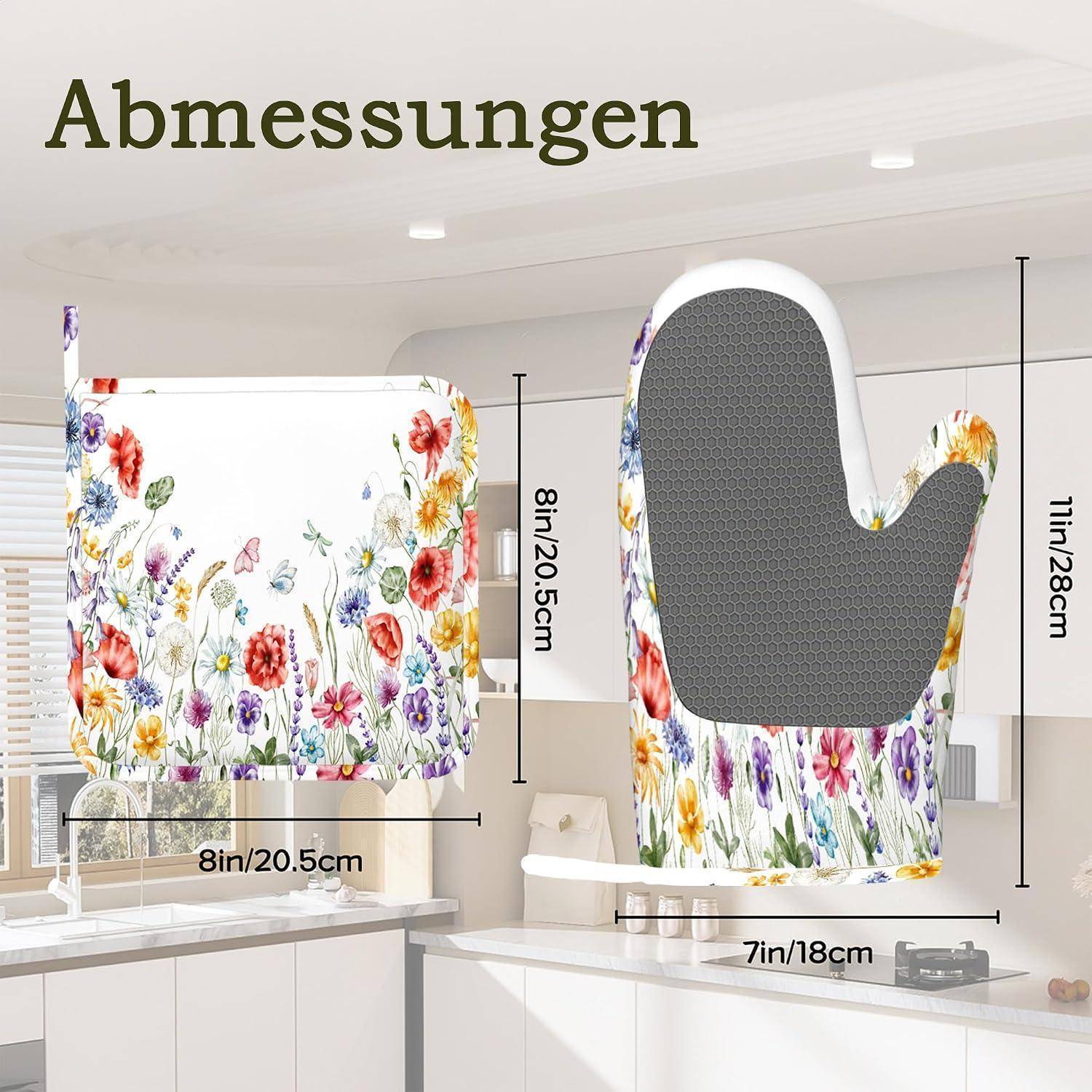 Blumiges Ofenhandschuh und passendes Topflappen mit Abmessungen: Handschuh 11in/28cm x 7in/18cm, Lappen 8in/20.5cm Quadrat.