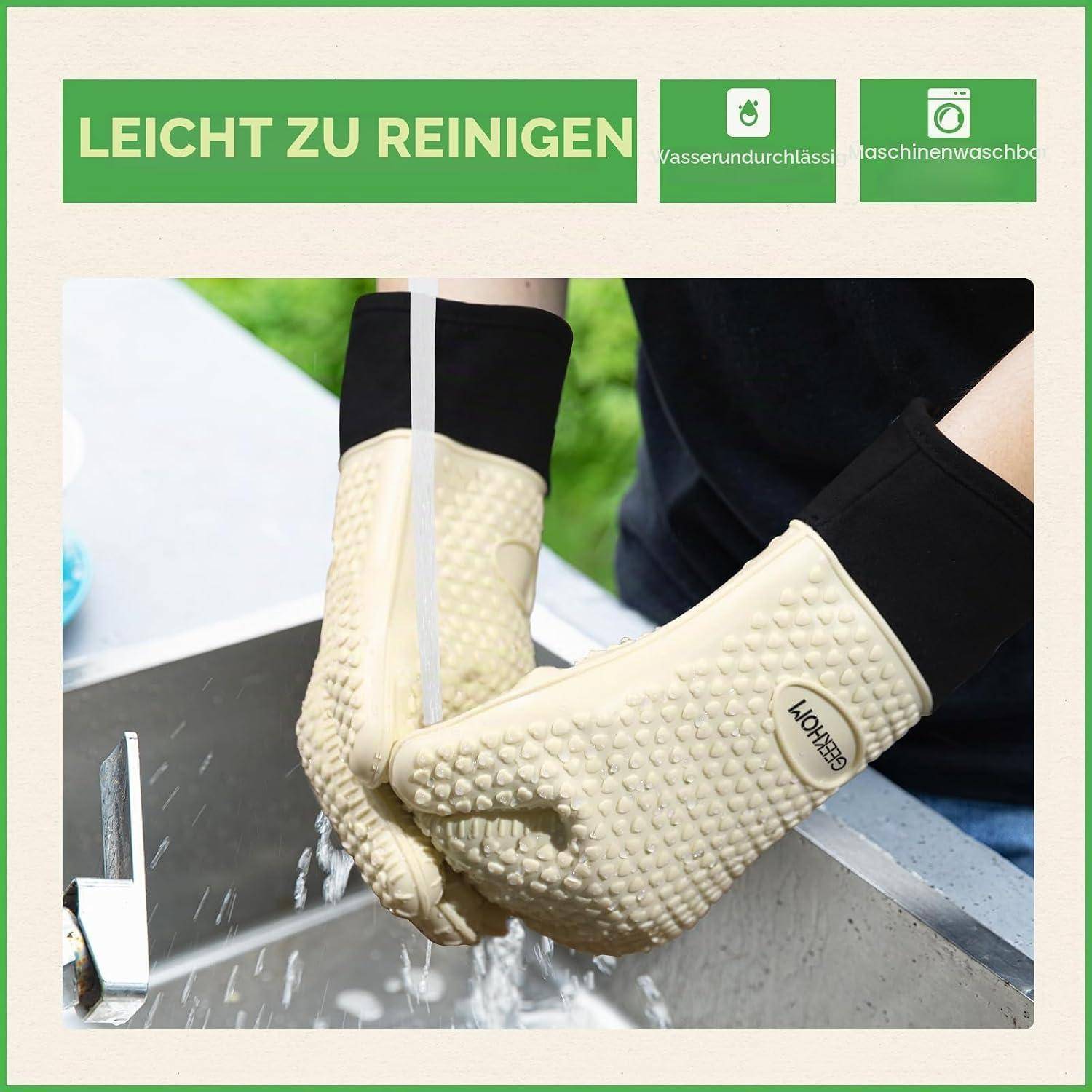 Hände in beigen Handschuhen werden unter fließendem Wasser gespült mit dem Text „LEICHT ZU REINIGEN