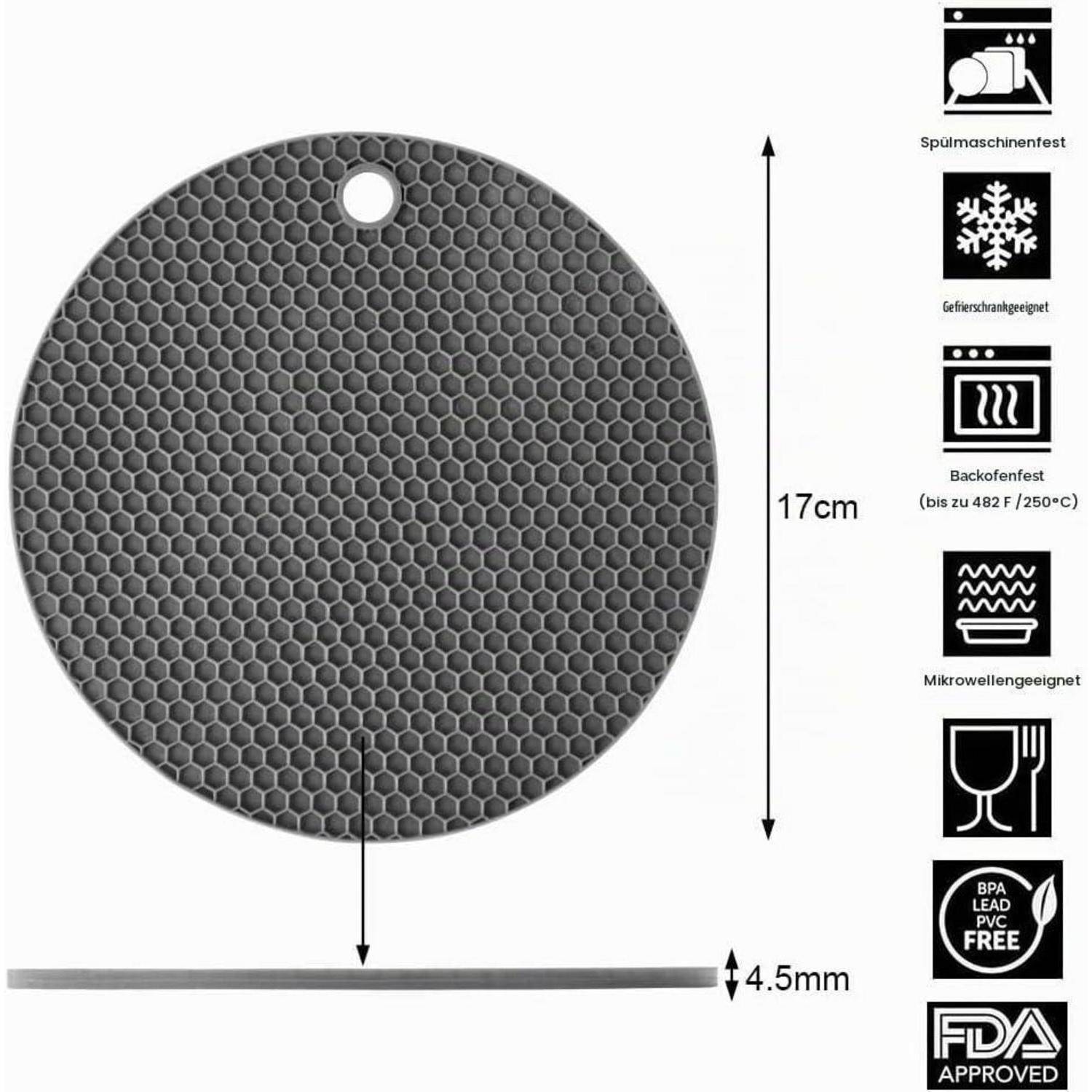 Runde graue Wabensilikonmatte mit Aufhängeloch, 17 cm Durchmesser und 4,5 mm dick; Symbole zeigen spülmaschinen-, gefrierschrank-, ofen- und mikrowellensicher, frei von BPA/Blei/PVC.