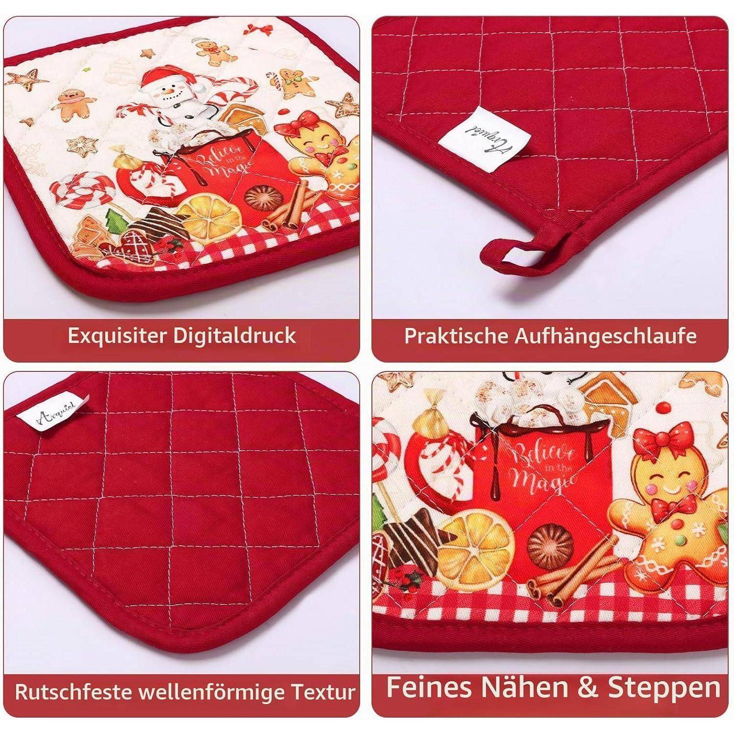 Vierteiliges Produktbild eines roten Weihnachts-Ofenhandschuhs/Topflappens mit gedruckten Weihnachtsleckereien, Schlaufe zum Aufhängen, gesteppte rutschfeste Rückseite und feiner Näharbeit.