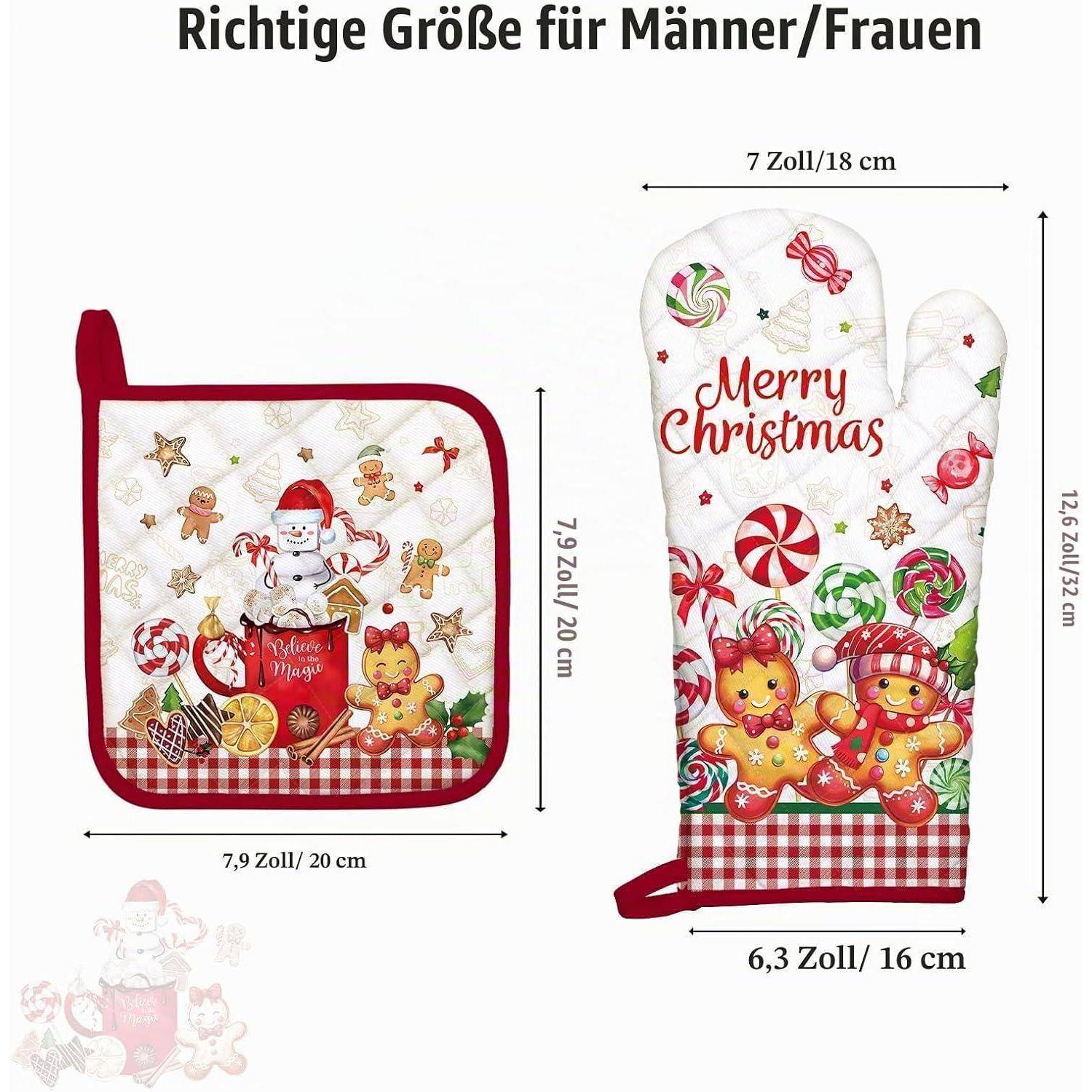 Größentabelle für Weihnachts-Ofenhandschuh und Topflappen, mit deutschen Beschriftungen und Maßen: Handschuh 12,6 x 6,3 Zoll, Topflappen 7,9 x 7,9 Zoll, beide mit festlichen Designs.