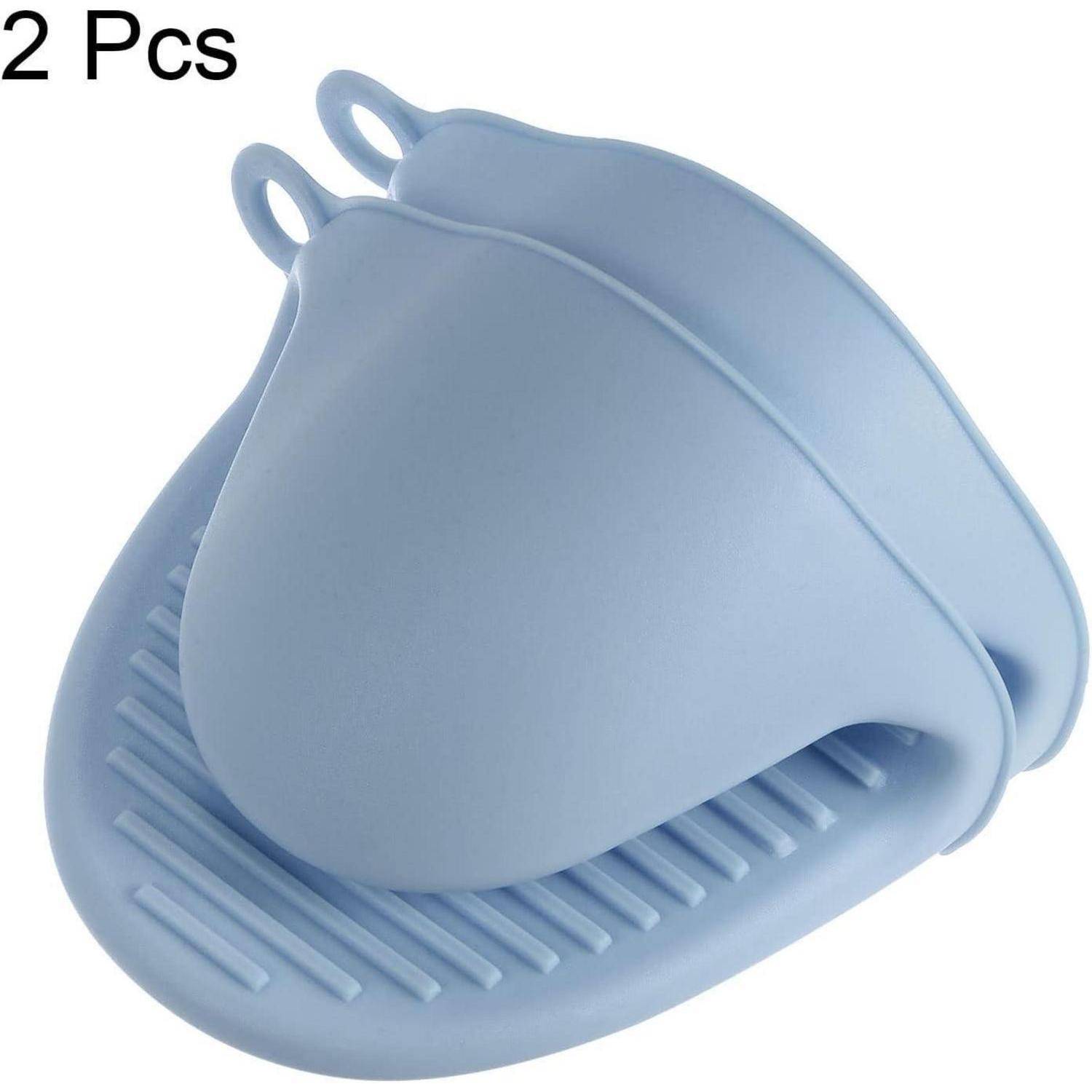 Zwei blaue Silikon-Ofenhandschuhe mit der Aufschrift „2 Pcs