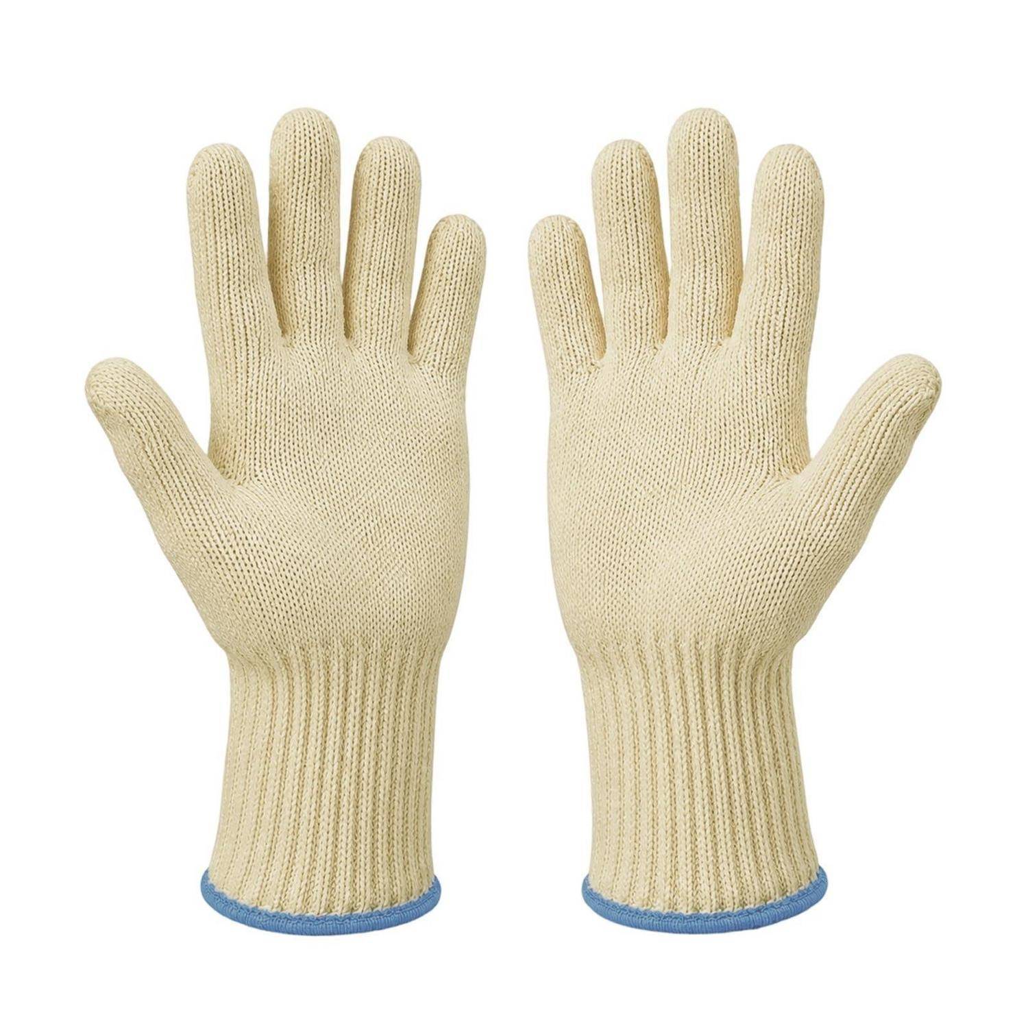 Paar cremefarbene gestrickte Arbeitshandschuhe mit blauen Bündchen, frontal auf weißem Hintergrund abgebildet.