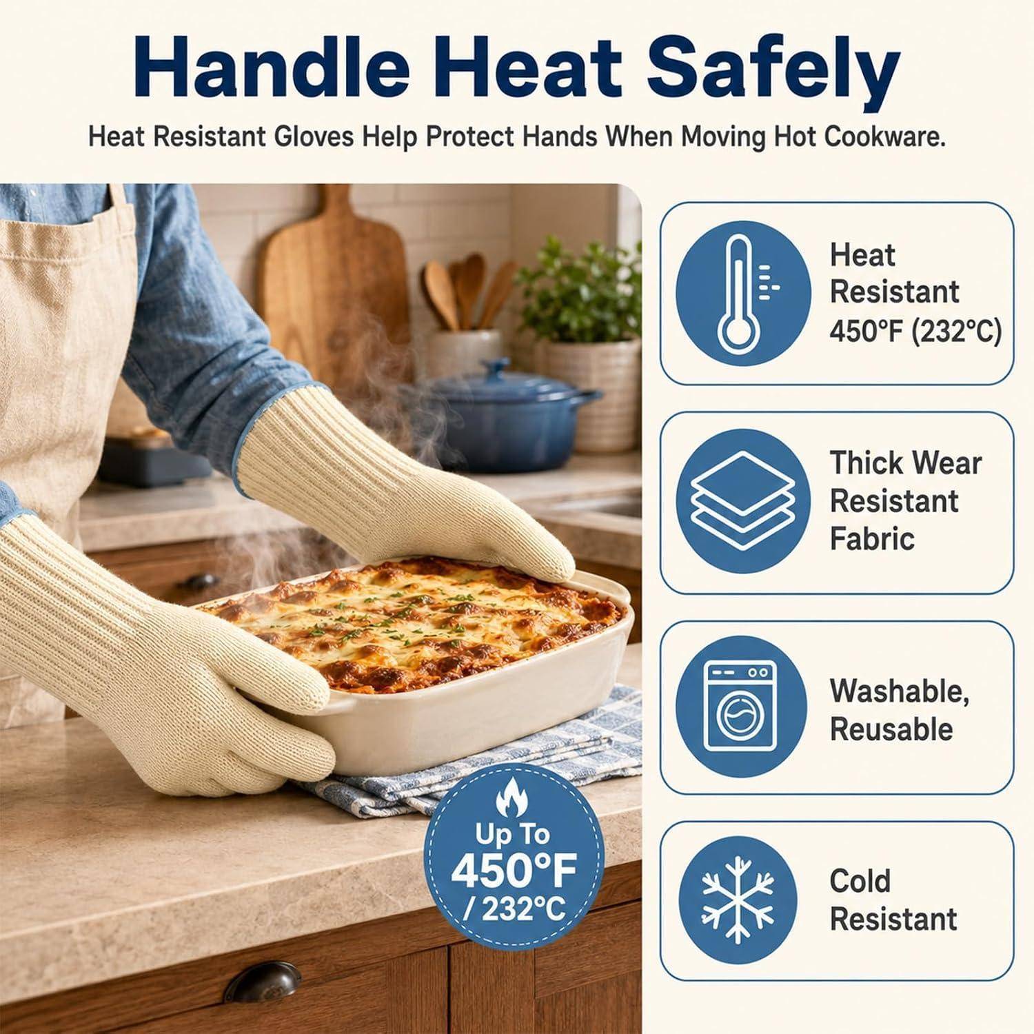 Infografik zeigt wärmefeste Handschuhe, die sicher eine heiße Auflaufform handhaben, mit Angaben: wärmefest bis 450°F (232°C), dickes verschleißfestes Gewebe, waschbar/wiederverwendbar und kältebeständig.