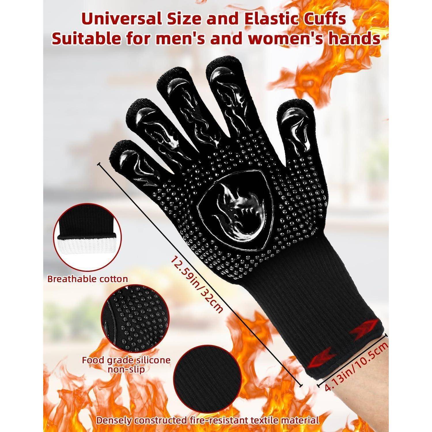 Die Anzeige zeigt einen schwarzen feuerfesten Handschuh mit Silikongriff, „Universalgröße und elastische Manschetten