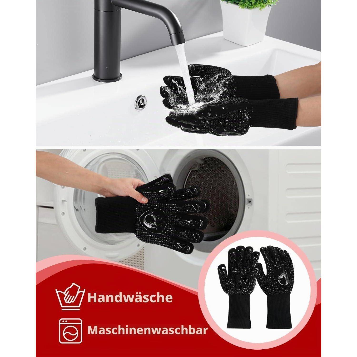 Schwarze strukturierte Handschuhe werden unter einem Wasserhahn gespült und beim Maschinenwaschen gezeigt; deutsche Etiketten sagen 