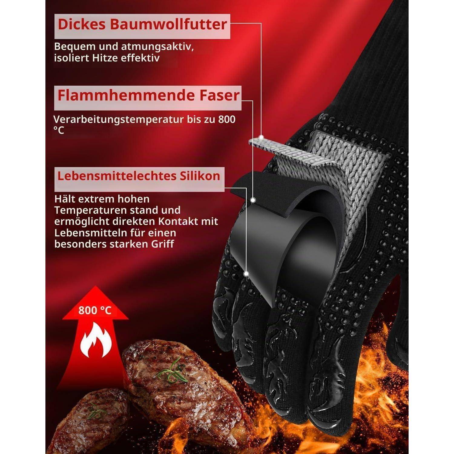 Grillhandschuhe hitzebeständig bis 800°C Aramid Schwarz