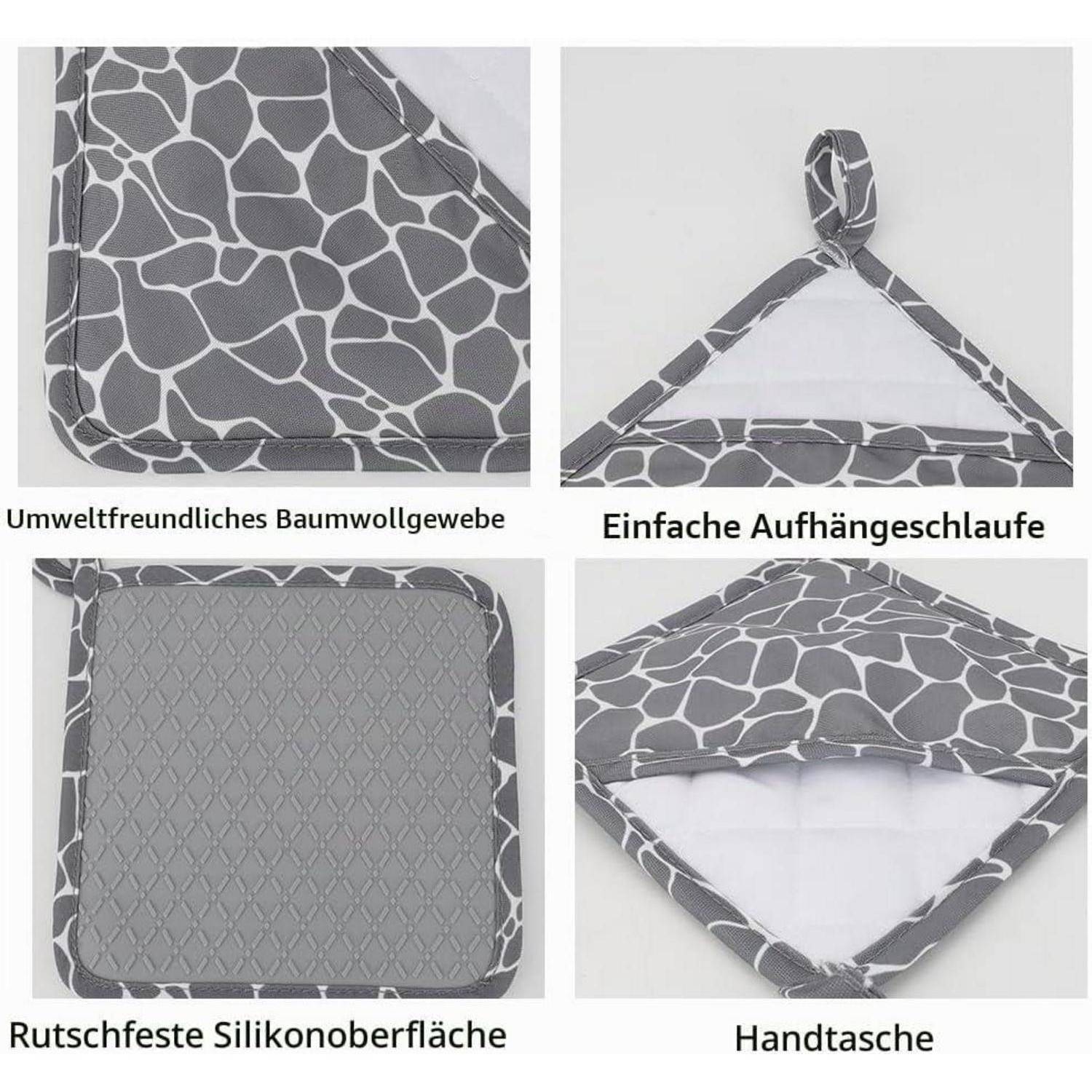 Vierteiliges Produktbild eines graugemusterten Kissens mit Funktionen: umweltfreundliche Baumwollstoff, einfache Aufhängeschleife, rutschfeste Silikonoberfläche und Tragegriff.