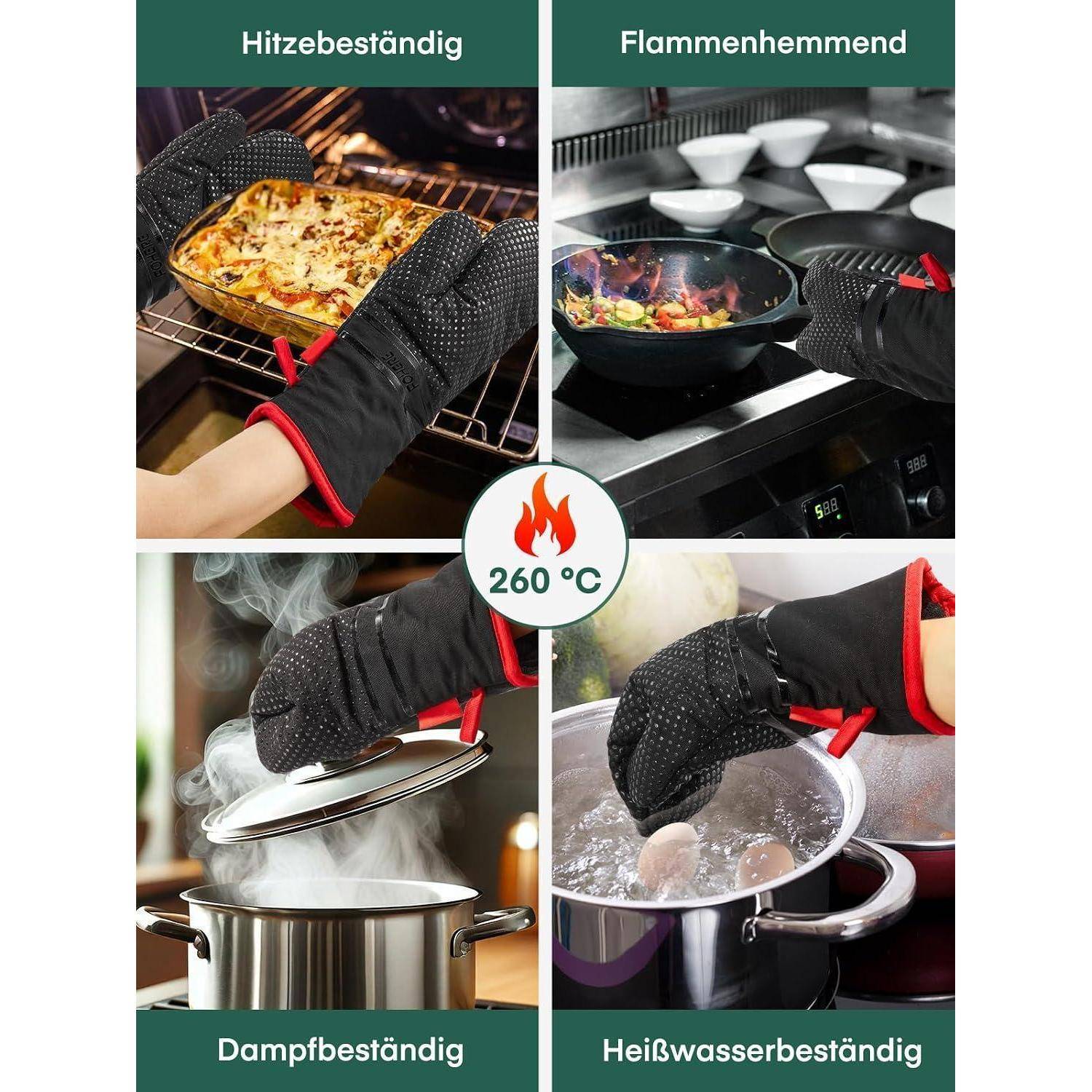 Produktgrafik mit hitzebeständigen Küchenhandschuhen, die bis 260°C bewertet sind und auf Deutsch als hitzebeständig, flammenhemmend, dampfbeständig und heißwasserbeständig gekennzeichnet sind.