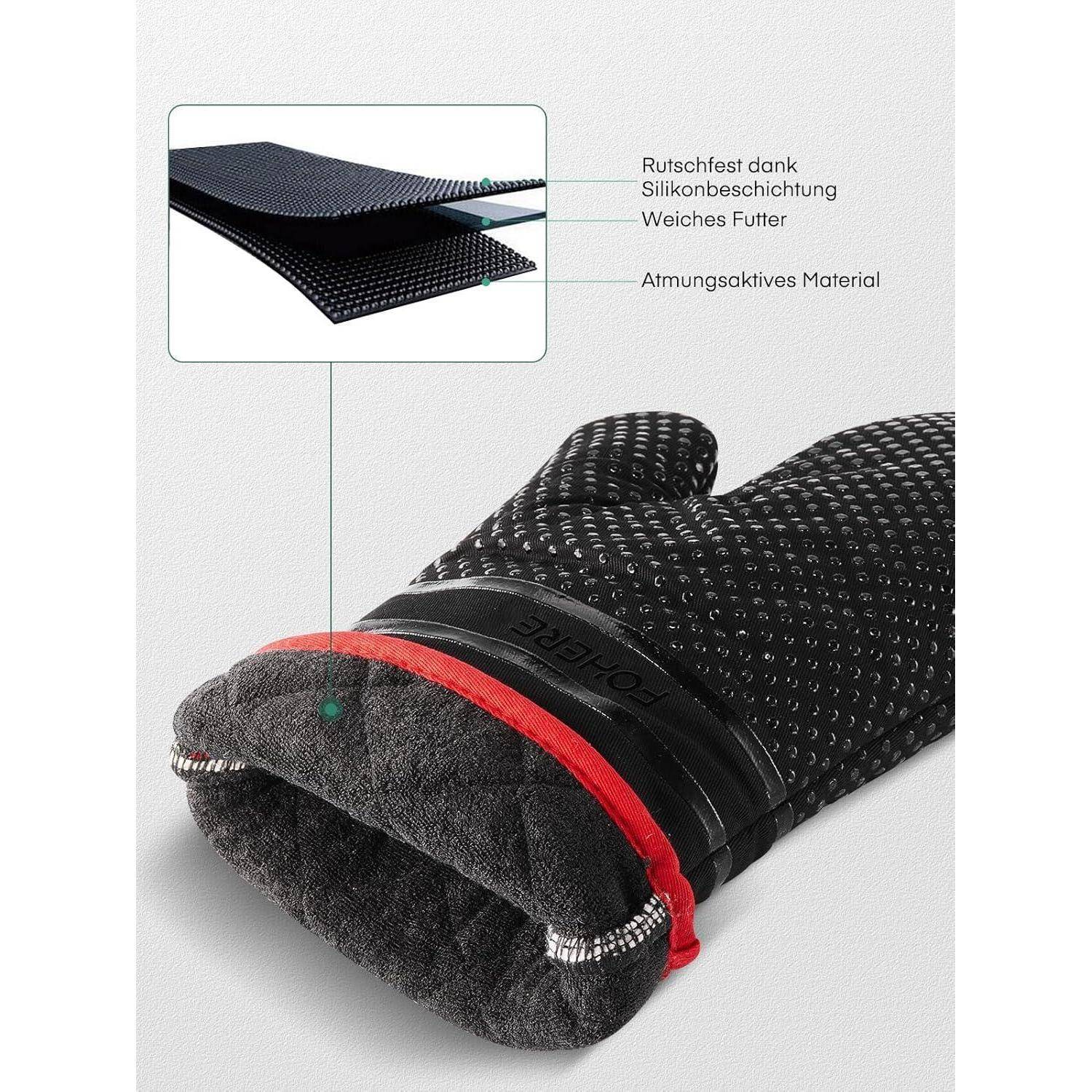 Nahaufnahme einer strukturierten Handschuh-Manschette mit rutschfester Silikonbeschichtung, weicher Auskleidung und atmungsaktivem Material, mit eingefügter Beschriftung der geschichteten Konstruktion.