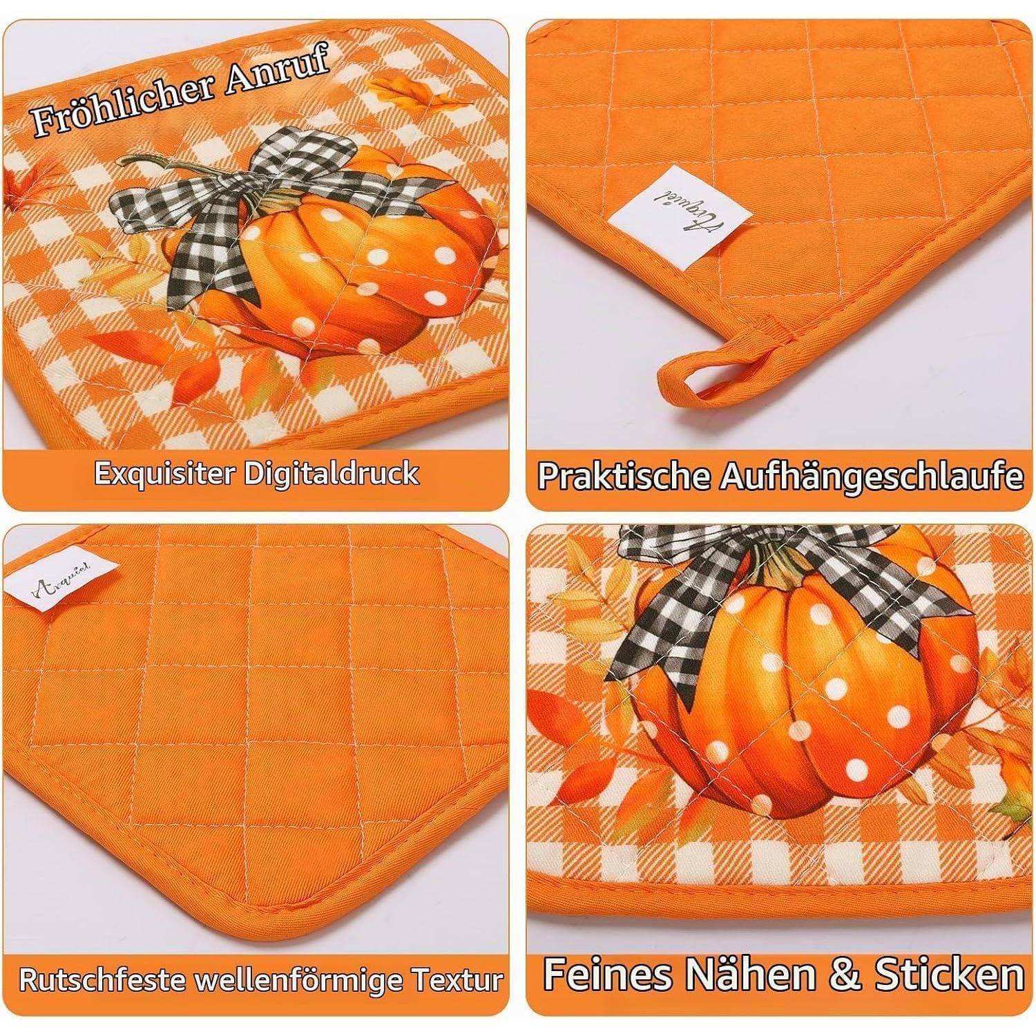 Collage aus einer orange gesteppten Kürbis-Platzdecke mit kariertem Band, zeigt bedrucktes Design, Aufhängeschleife, rutschfeste strukturierte Rückseite und Nähdetails.