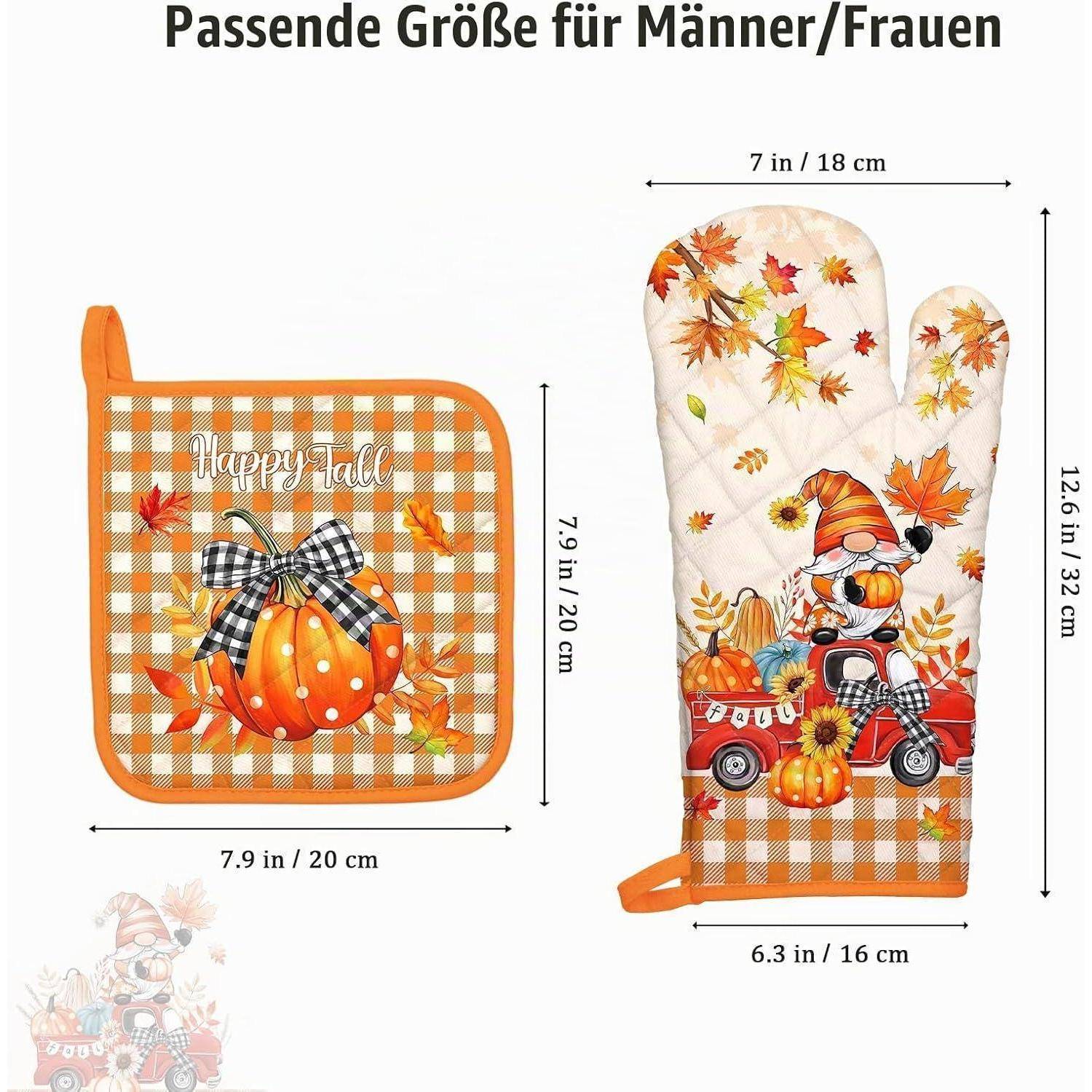 Herbstliches Ofenhandschuh- und Topflappen-Set mit Abmessungen: Topflappen 7,9 x 7,9 Zoll, Handschuh 12,6 x 6,3 Zoll, für Herren/Damen.