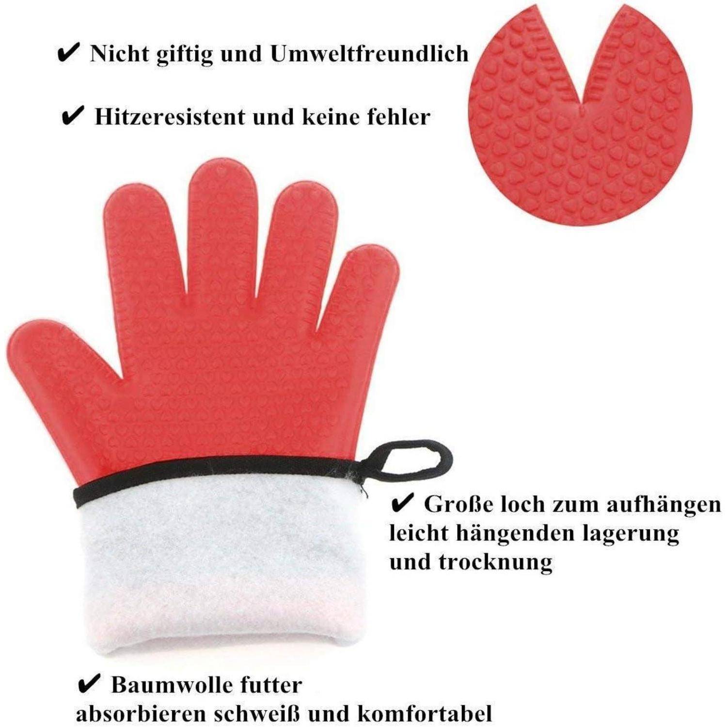 Rote Silikon-Ofenhandschuh mit weißer Baumwollauskleidung und Aufhängeschlaufe, dargestellt mit deutschem Text, der Wärmbeständigkeit, ungiftige Materialien und einfache Aufbewahrung zum Aufhängen hervorhebt.