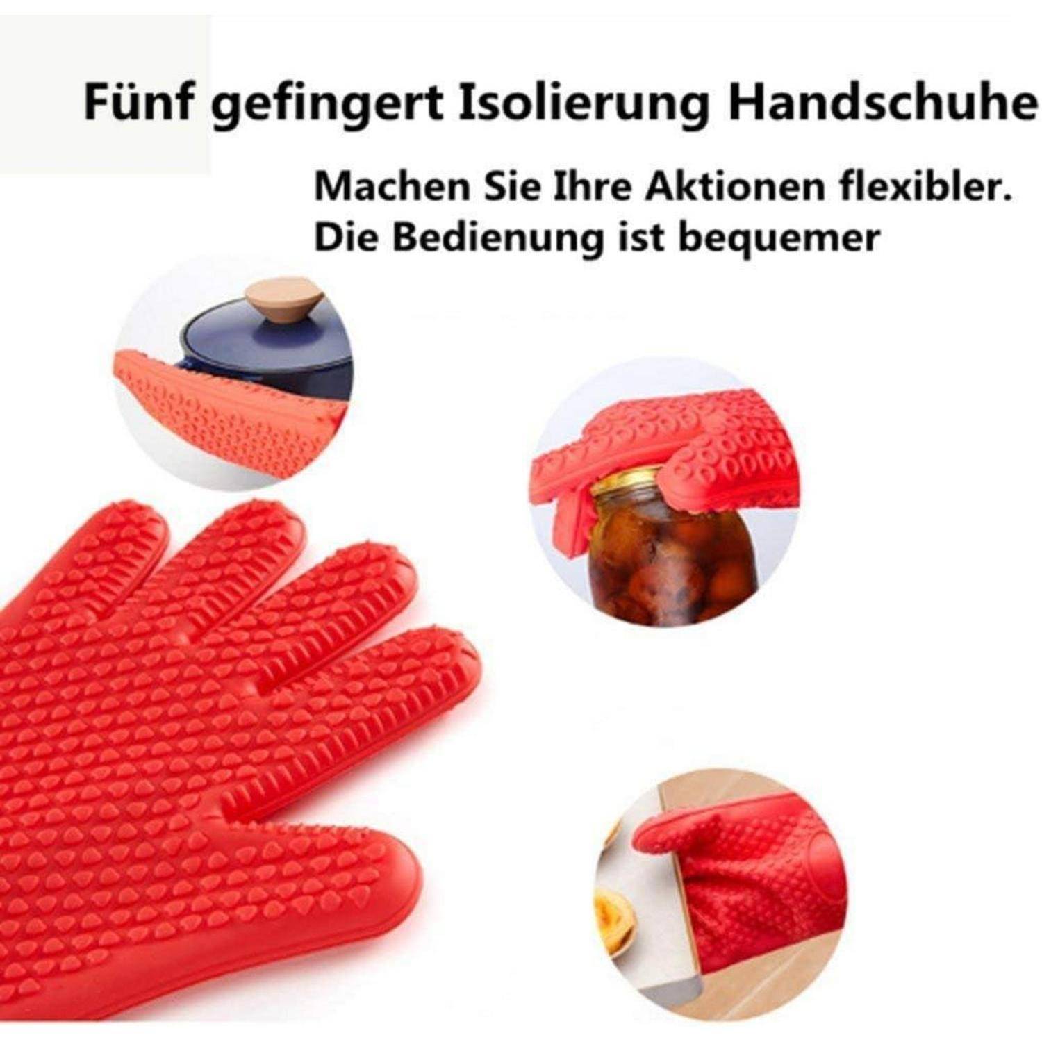Werbung für fünffingrige isolierte Handschuhe mit roten strukturierten Handschuhen, die heiße Töpfe und Gläser greifen; der Text besagt, dass sie Aufgaben flexibler und leichter handhabbar machen.