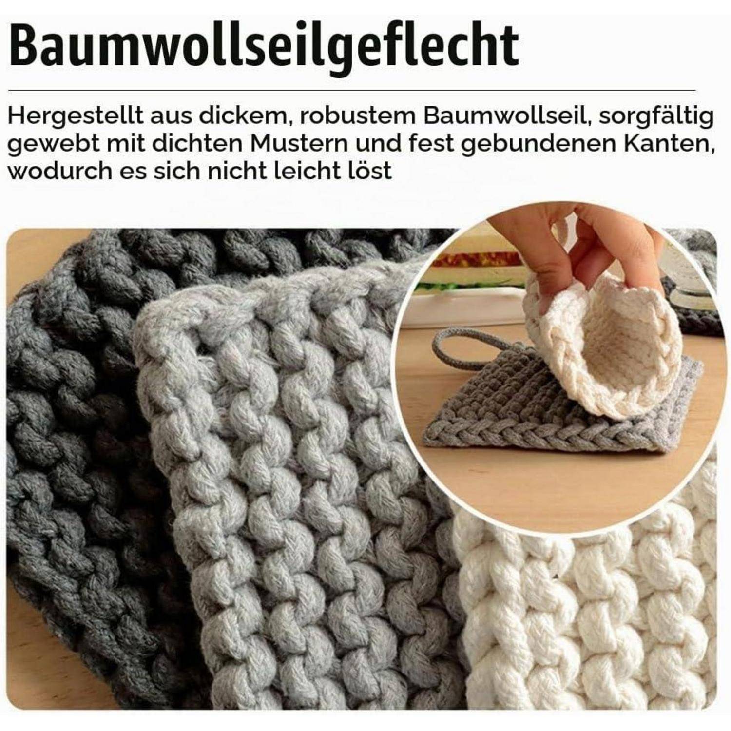 Geflochtenes Baumwollseilgeflecht aus dicker gewebter Schnur in Grau und Creme, wobei eine Hand eine gefaltete Probe hält.